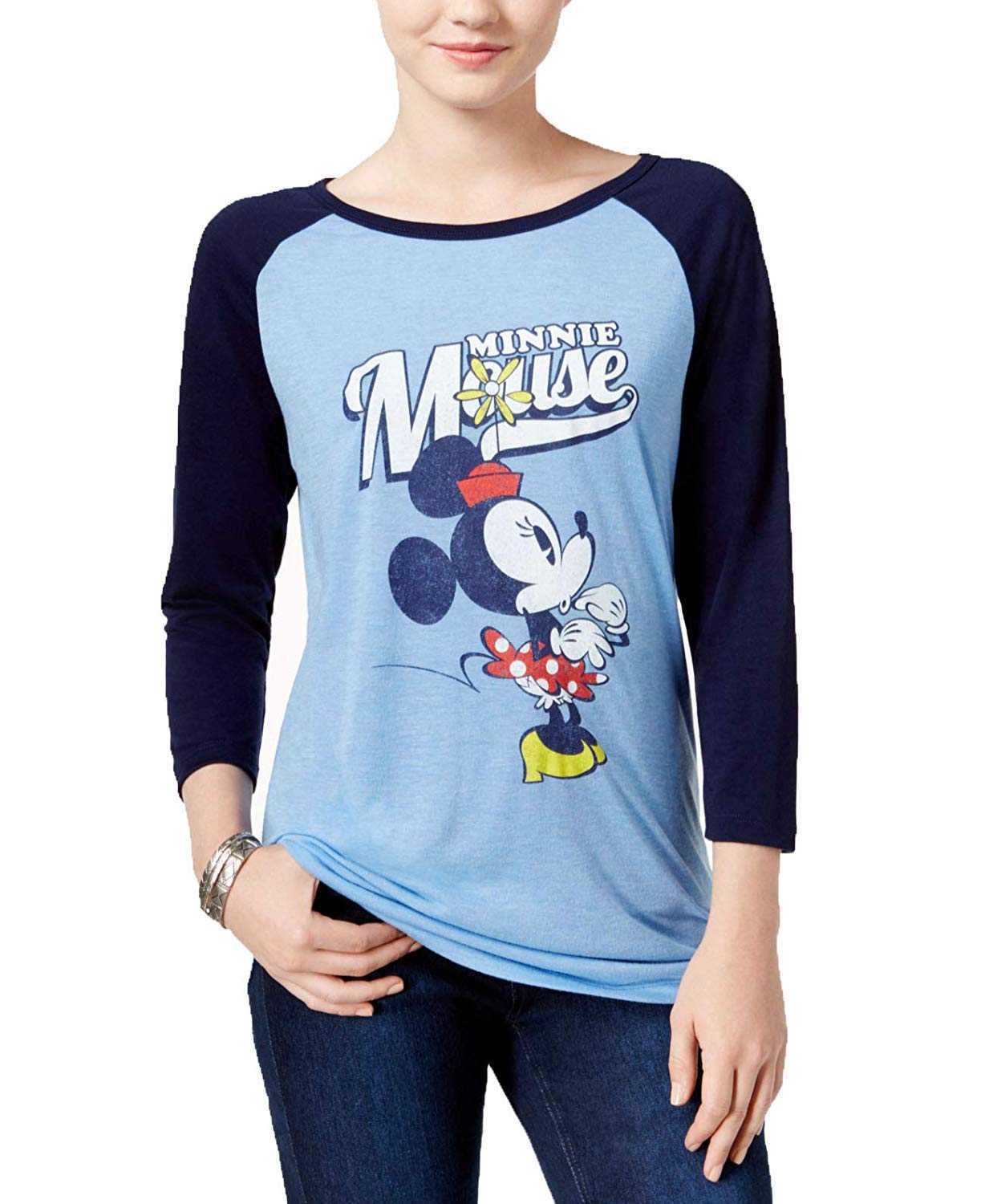 Freeze 24-7 Juniors’ Minnie Mouse Graphic Raglan T-Shirt (Blue, Small)