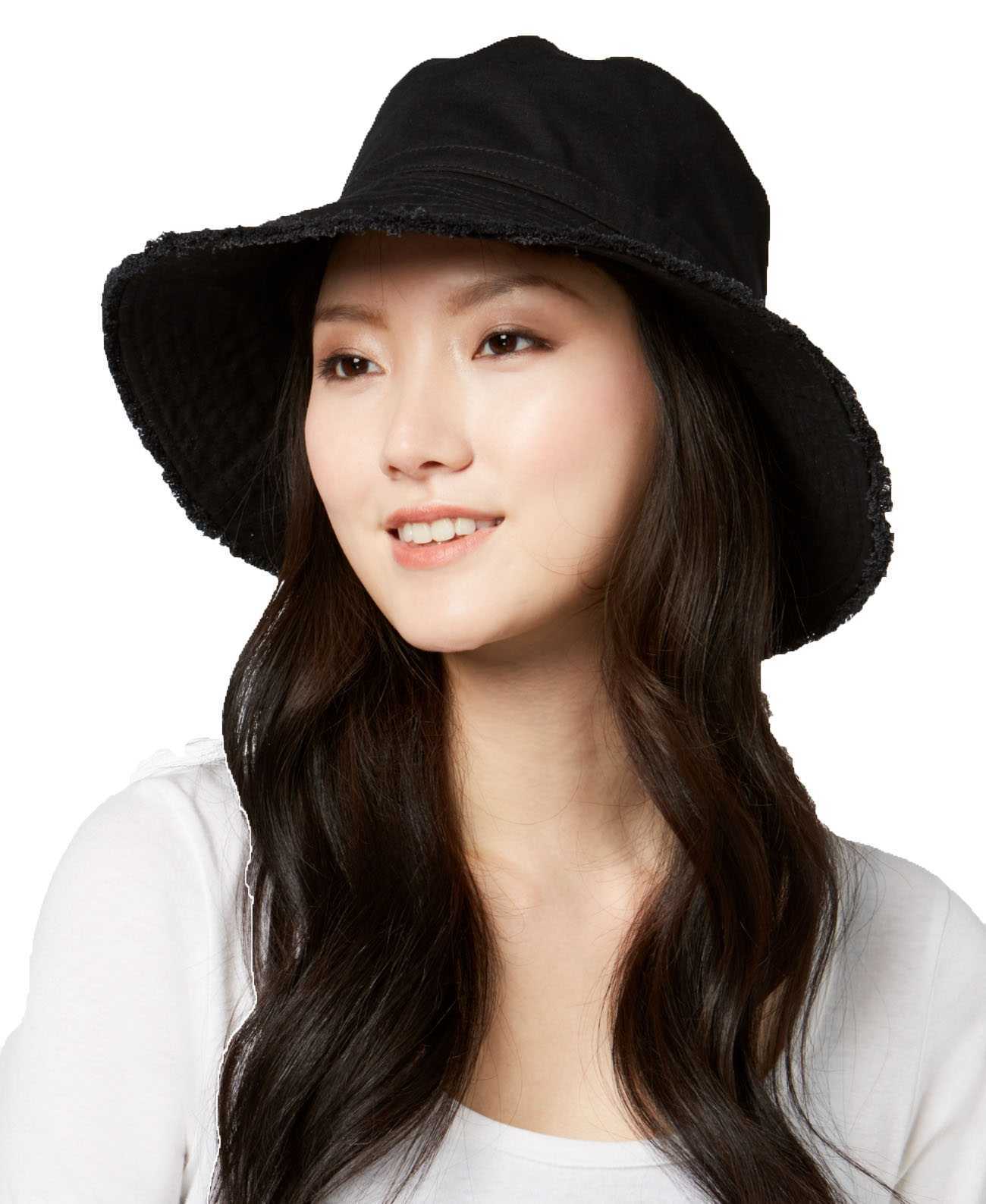 August Hat Cotton Frayed Edge Bucket Hat (Black, One Size)
