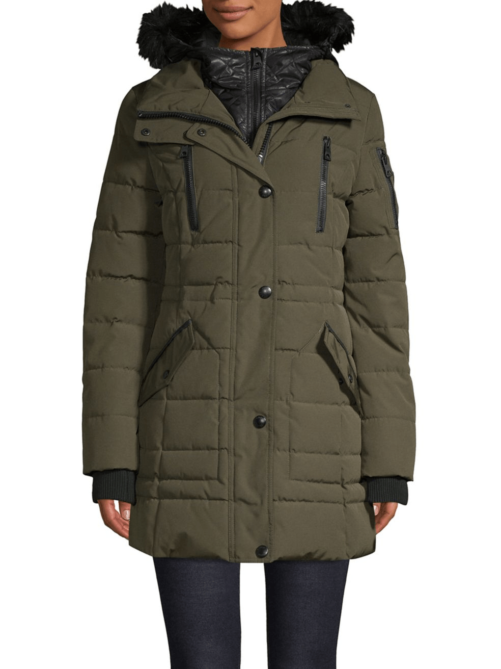 Guess Quilted Bib & Faux Fur-Trimmed Hooded Anorak (Medium, Olive)
