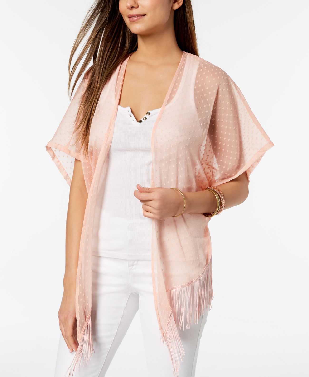 Cejon Swiss Dot Fringe High-Low Kimono (Pink, One Size)