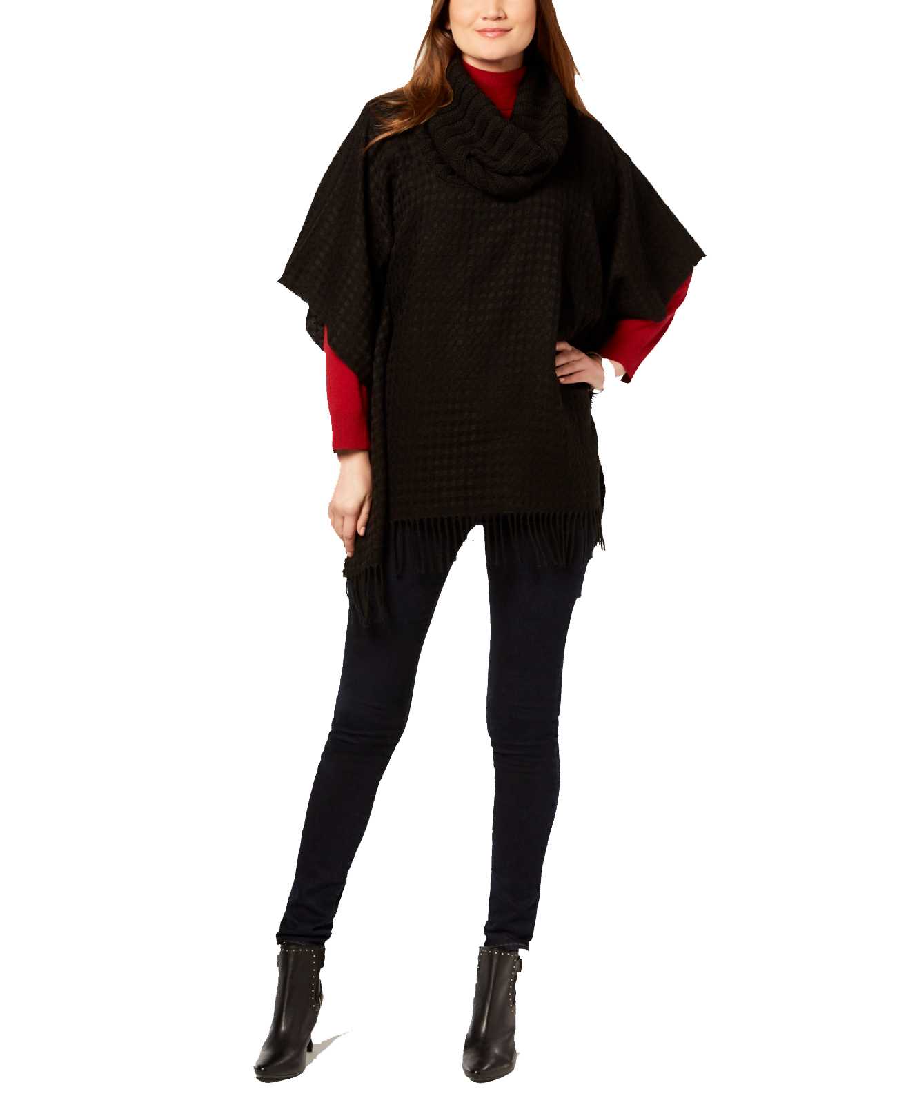 V. Fraas Women’s Cowl-Neck Fringe Knit Poncho (Black)
