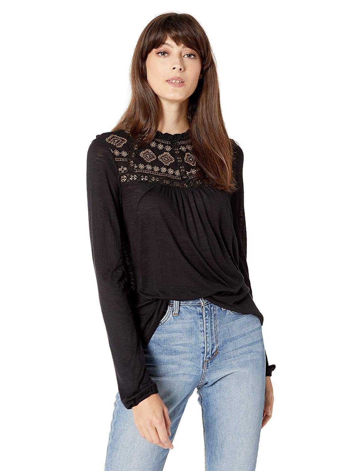Lucky Brand Women’s Embroidered Top (Black, L)