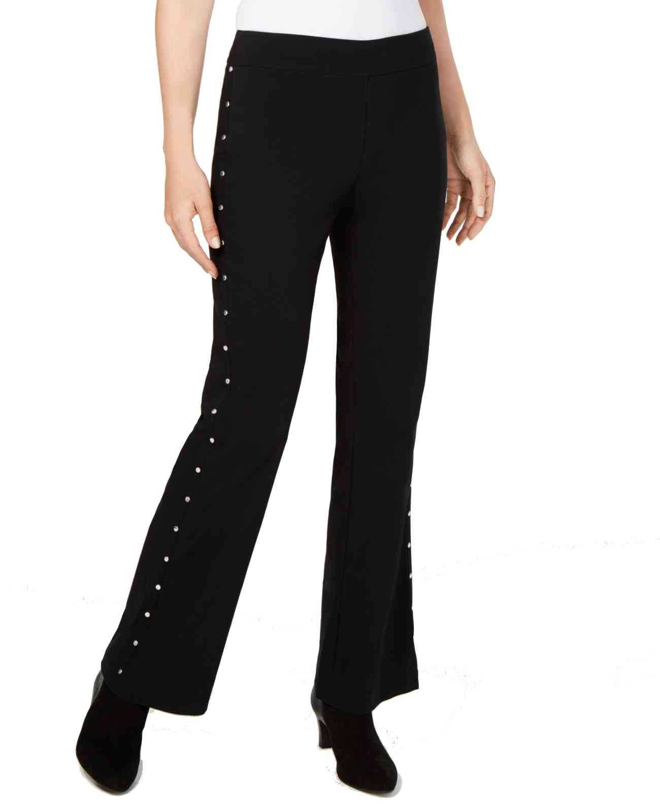 JM Collection Petite Stud-Trimmed Flare-Leg Pants, Deep black, Petite