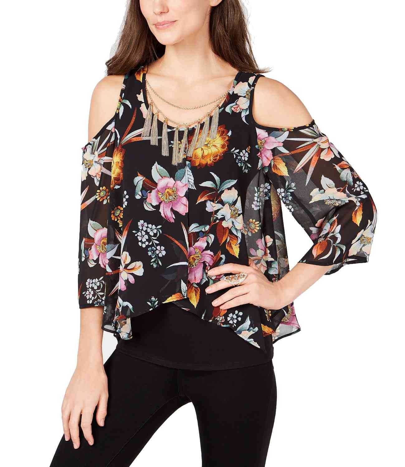 Thalia Sodi Printed Cold-Shoulder Necklace Top,Multi Combo, Small