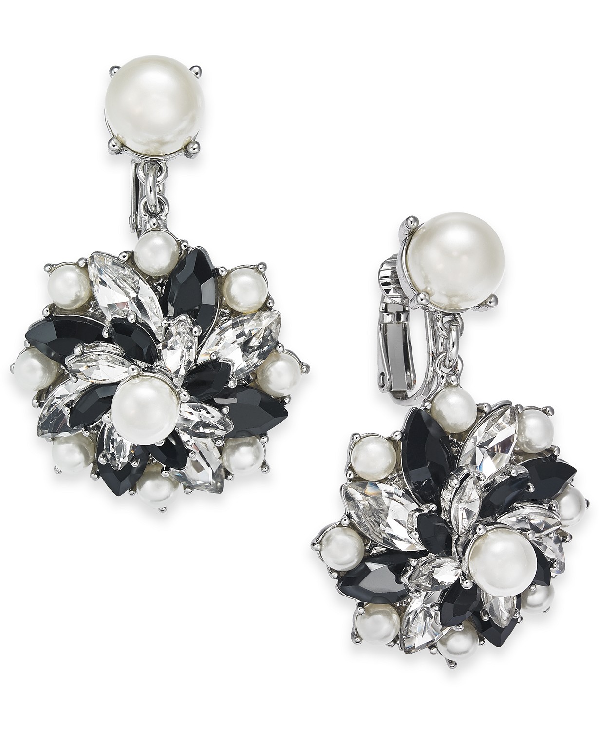 Charter Club Silver-Tone Crystal, Stone & Imitation Pearl Cluster Clip-On Stu...