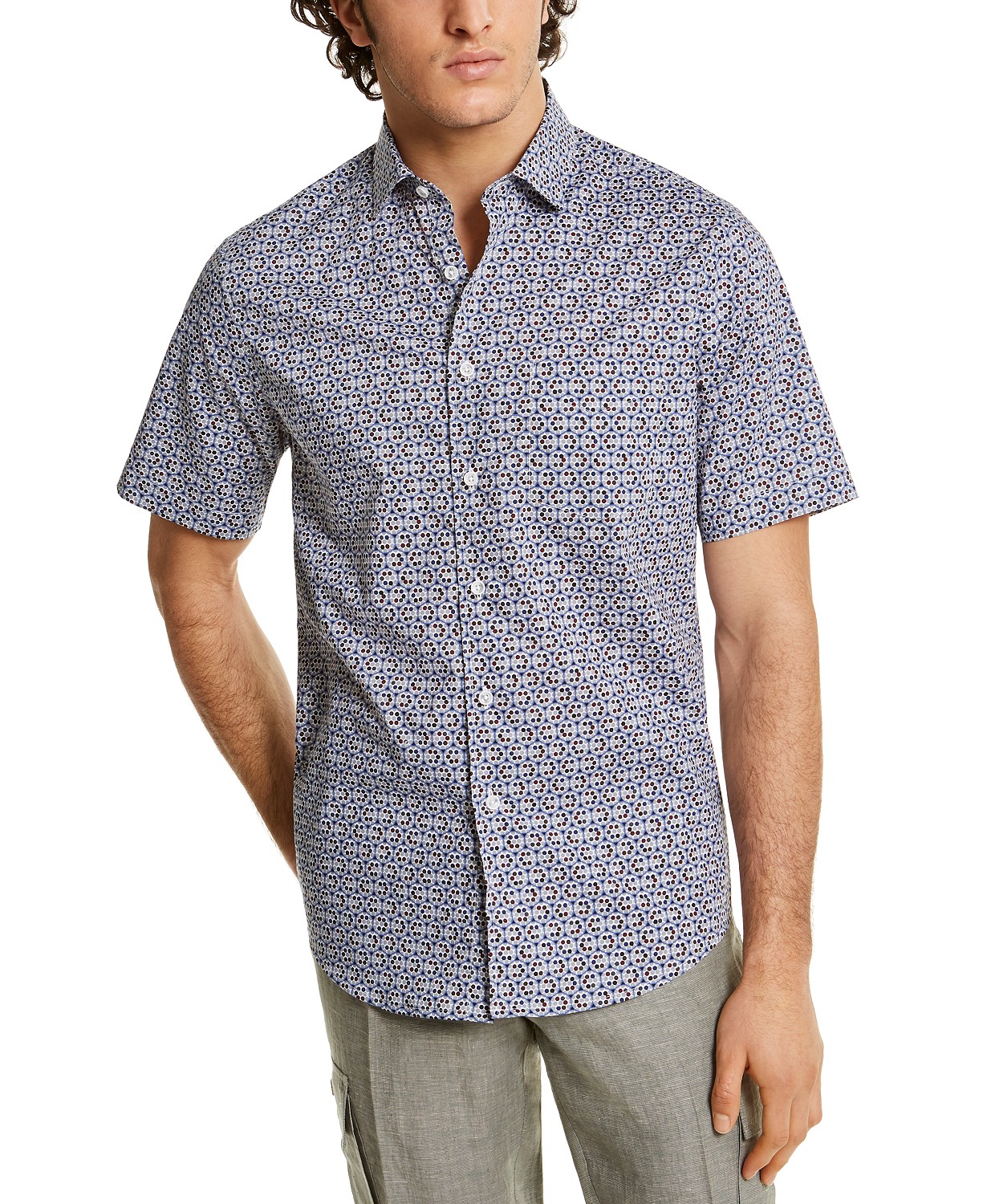 Tasso Elba Men’s Stretch Interitaly Circle Print Short-Sleeve Woven Shirt