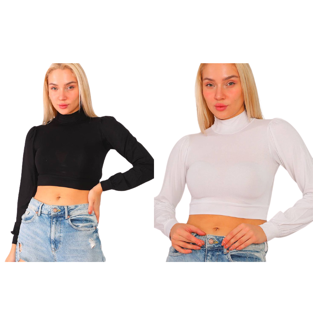 U-Wear Women’s Puff Sleeve Mock-Turtleneck Crop Top Blouse