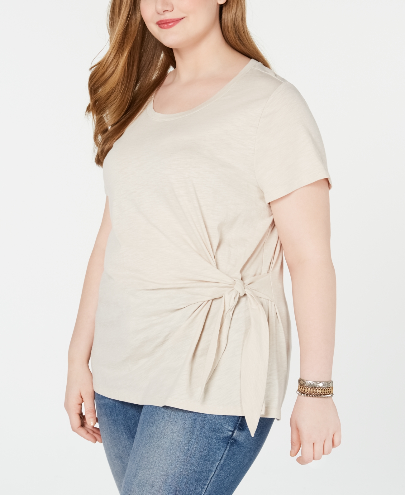 Style & Co. Womens Plus Side Tie Crewneck T-Shirt - Grey - 3X