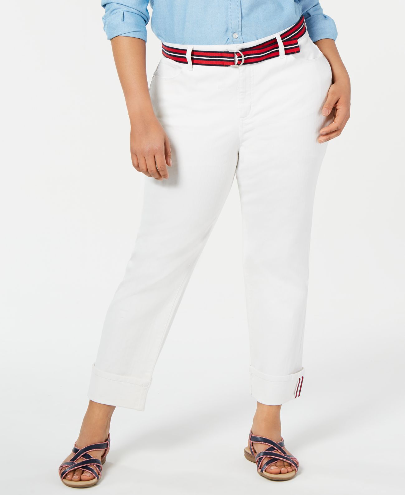 Charter Club Women’s  Plus Size Belted Cuffed Jeans White 24W