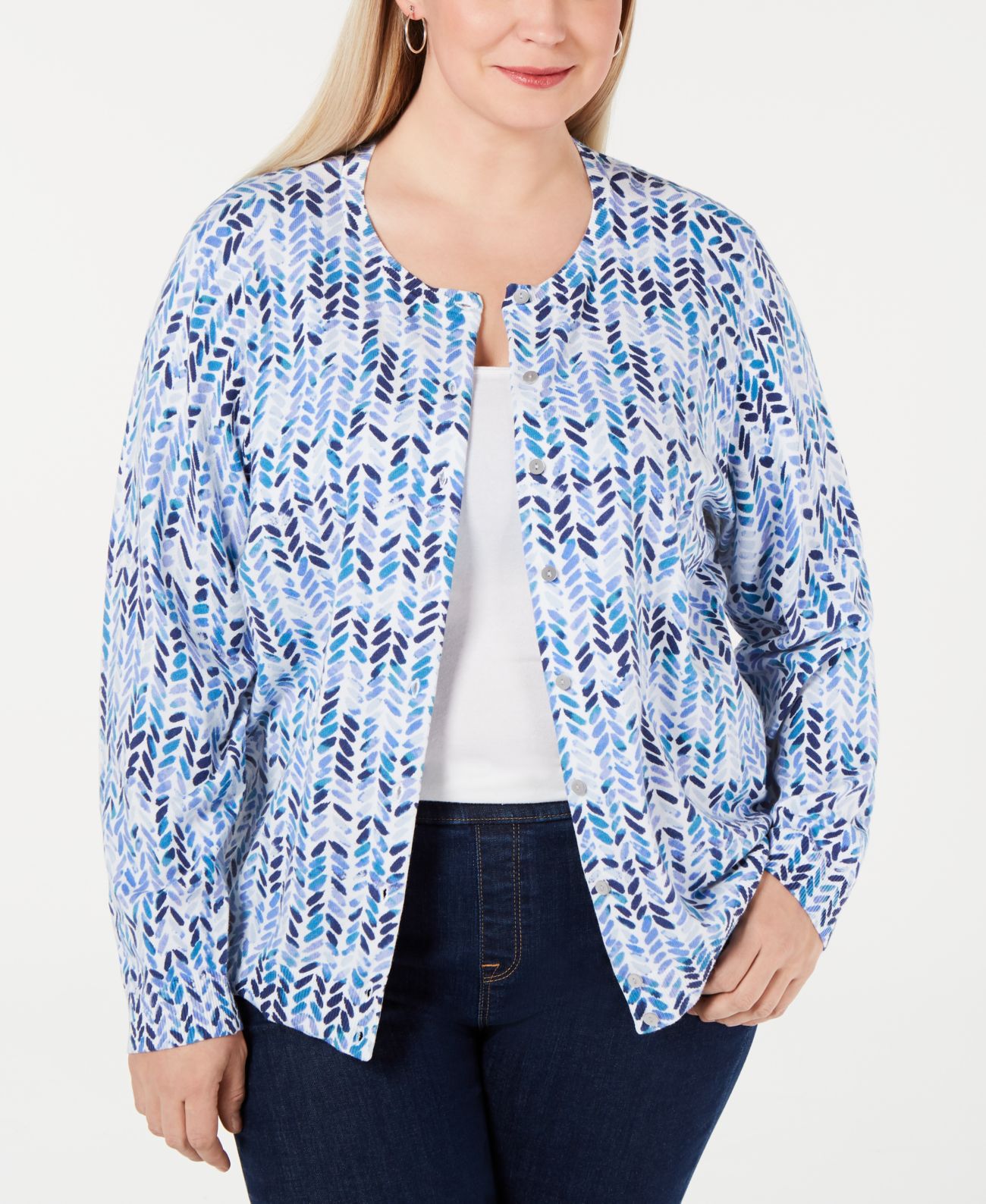 Karen Scott Womens Plus Chevron Print Crew Neck Sweater Nay