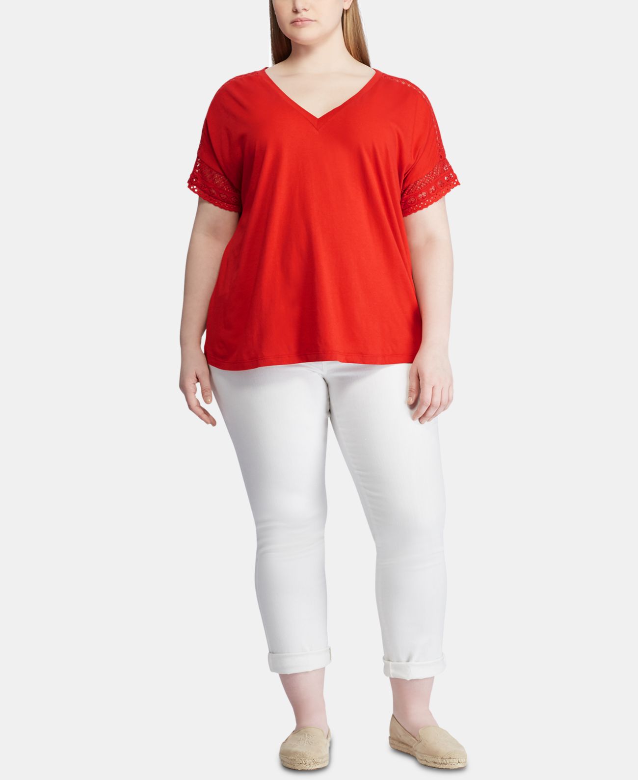 Lauren Ralph Lauren Womens Plus Lace Trim V-Neck T-Shirt, Red, 1X