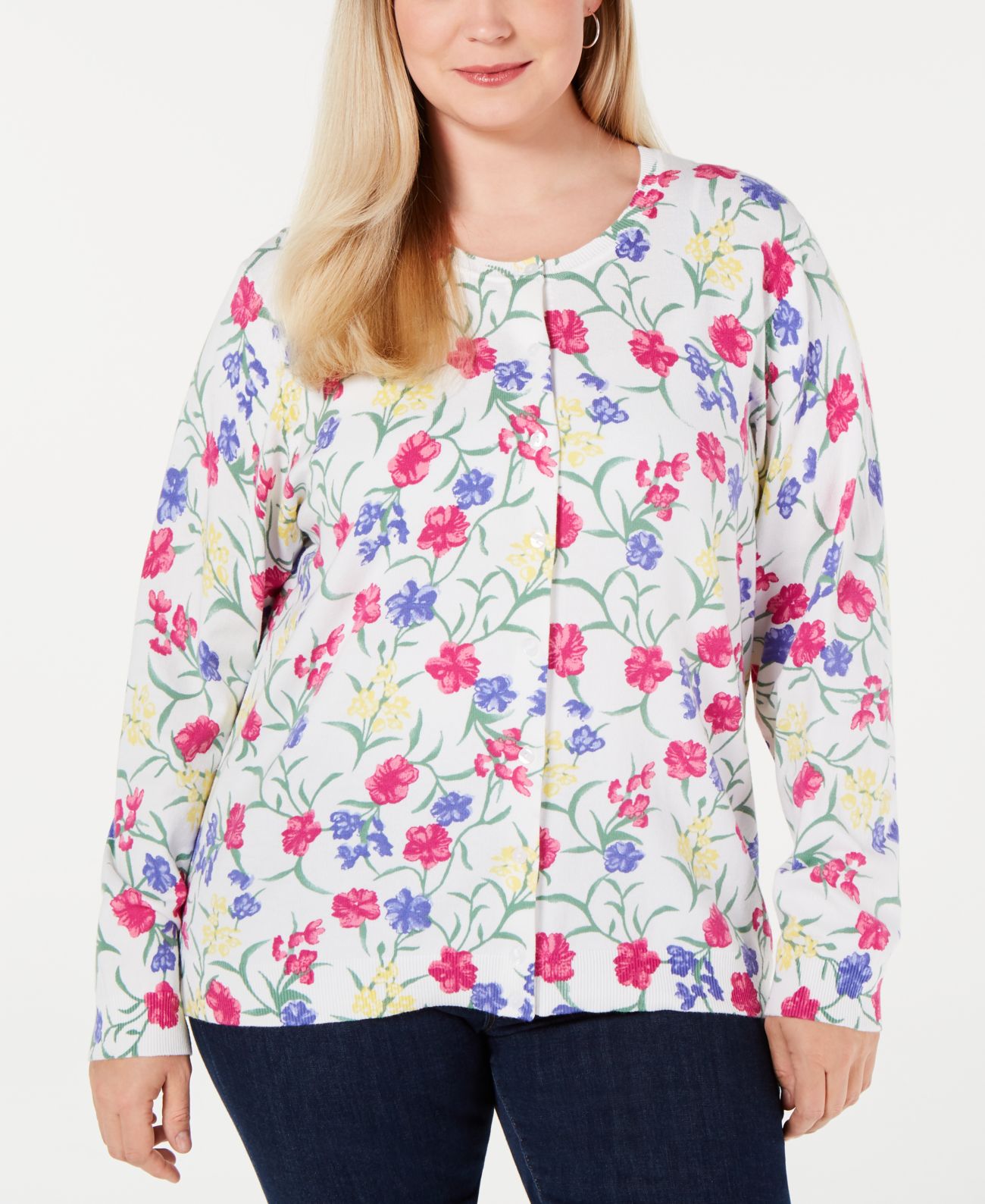 Karen Scott Floral Long Sleeve Crew Neck Cardigan White