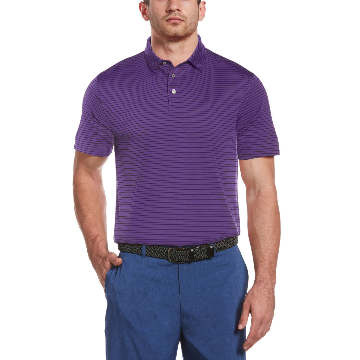 PGA TOUR Men’s Short Sleeve Feeder Stripe Golf Polo Shirt (Purple, Small)