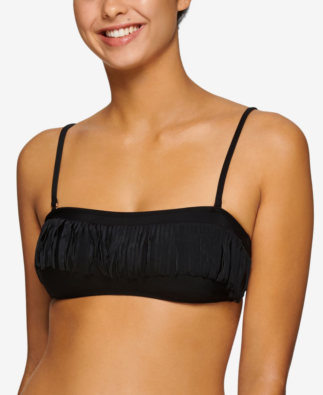 Hula Honey Juniors’ Fringe Bandeau Swim Top, Black, D/DD