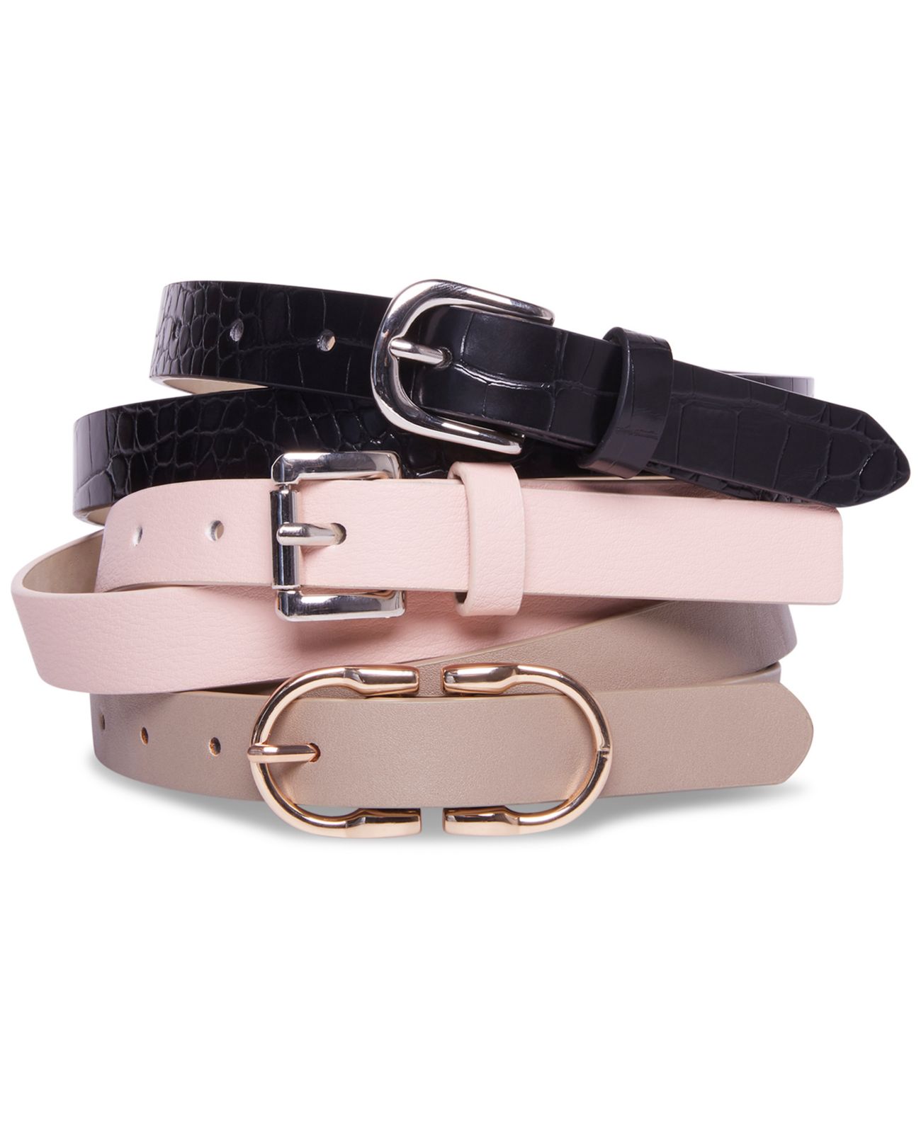 Steve Madden Women’s 3-For-1 Skinny Belts, Pink/Black/Silver