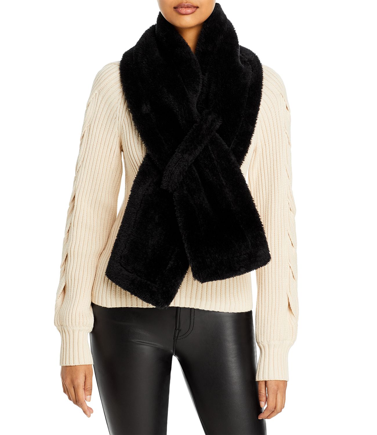 Aqua Pull Thru Faux Fur Scarf, Black