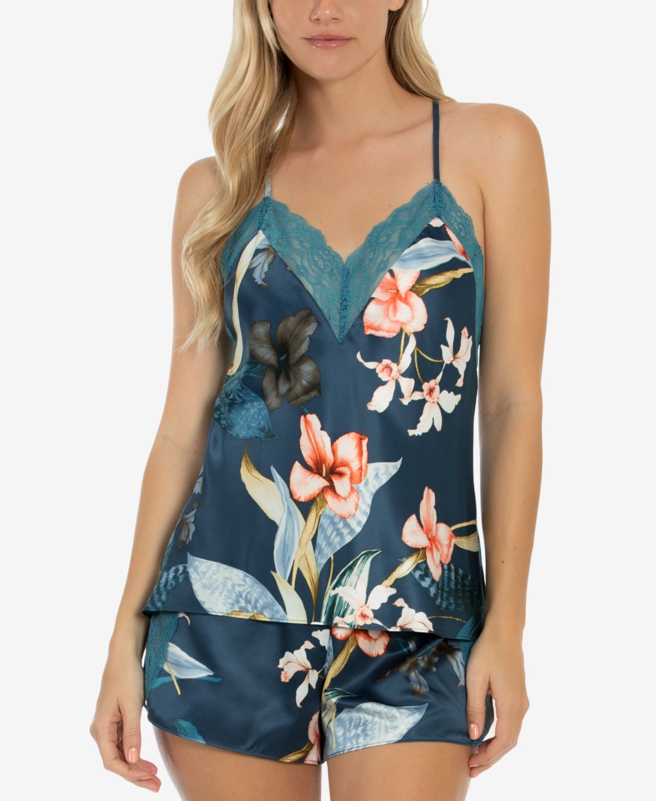 Linea Donatella Tropical Print Satin Cami & Tap Shorts Lingerie Set, Green, X...