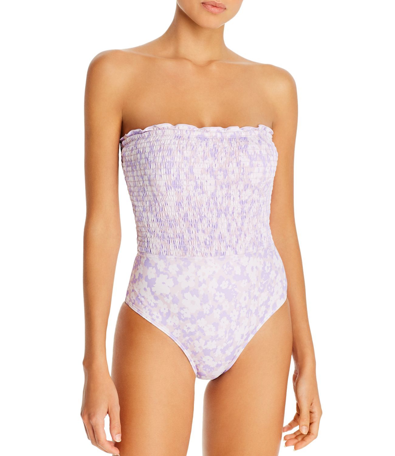 Peony Floral Print Strapless Smocked One-Piece Swimsuit , Purple