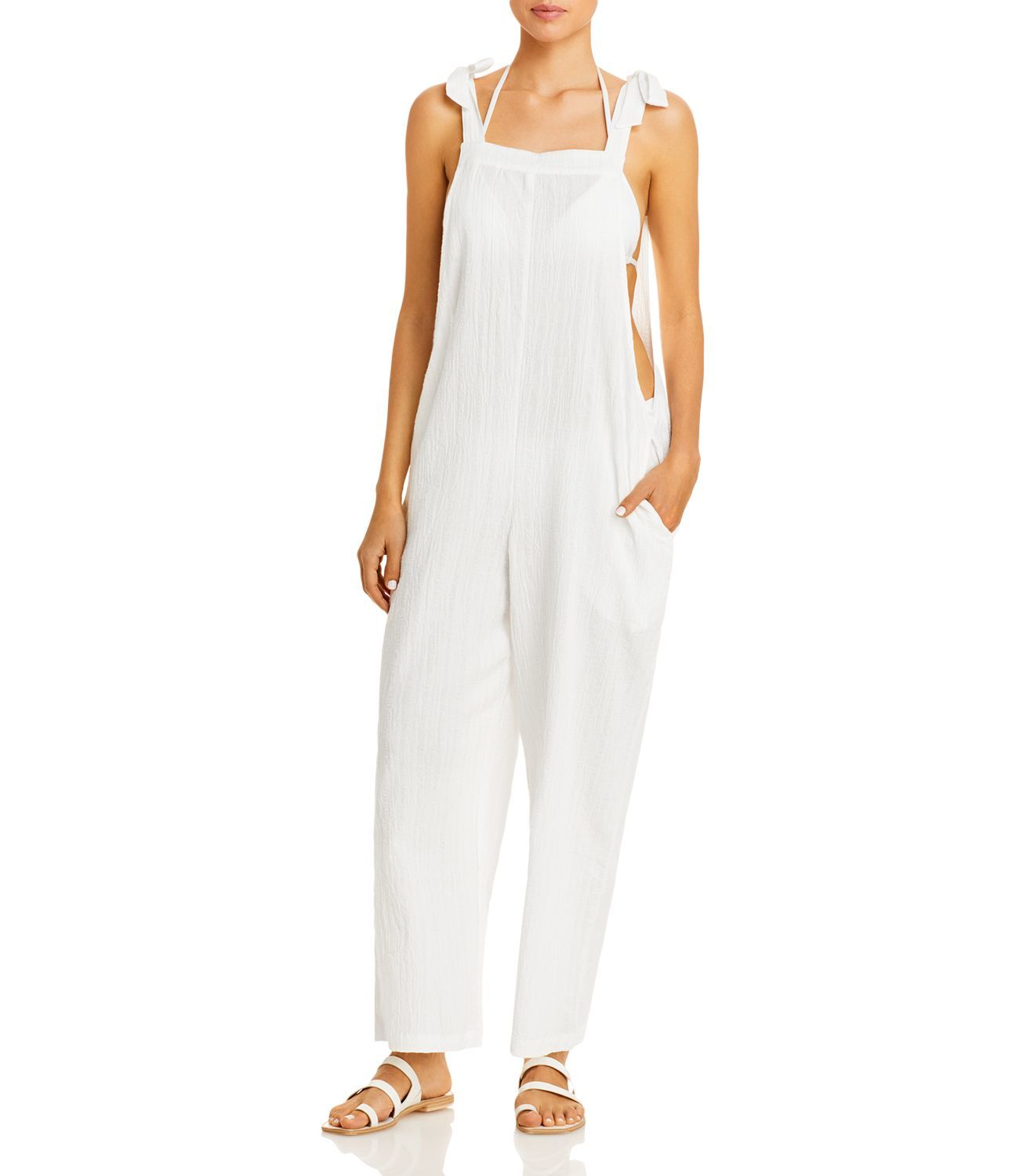 Aqua Swim Cotton Jumpsuit Swim Cover-Up, White, Small