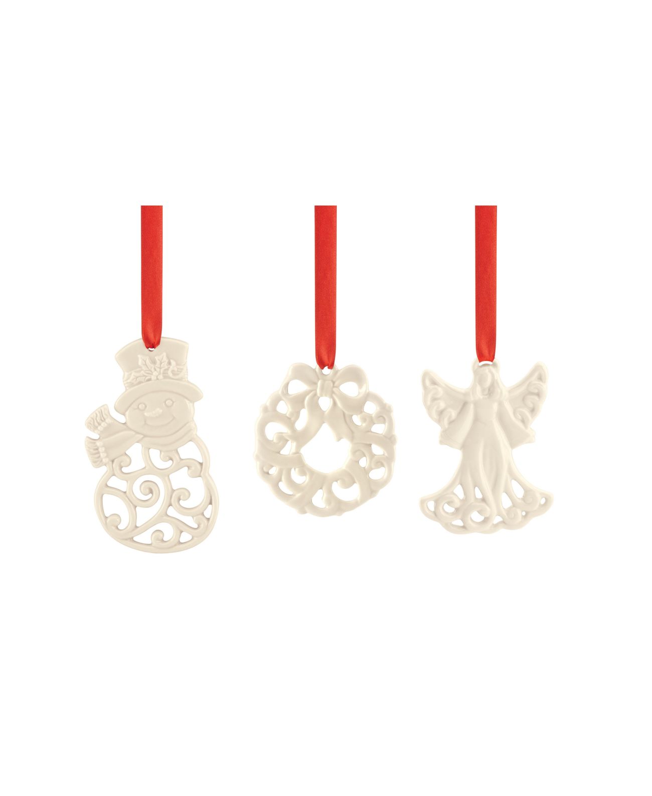 Lenox Christmas Ornaments Set of 3 – Snowman, Wreath, Angel, Ivory