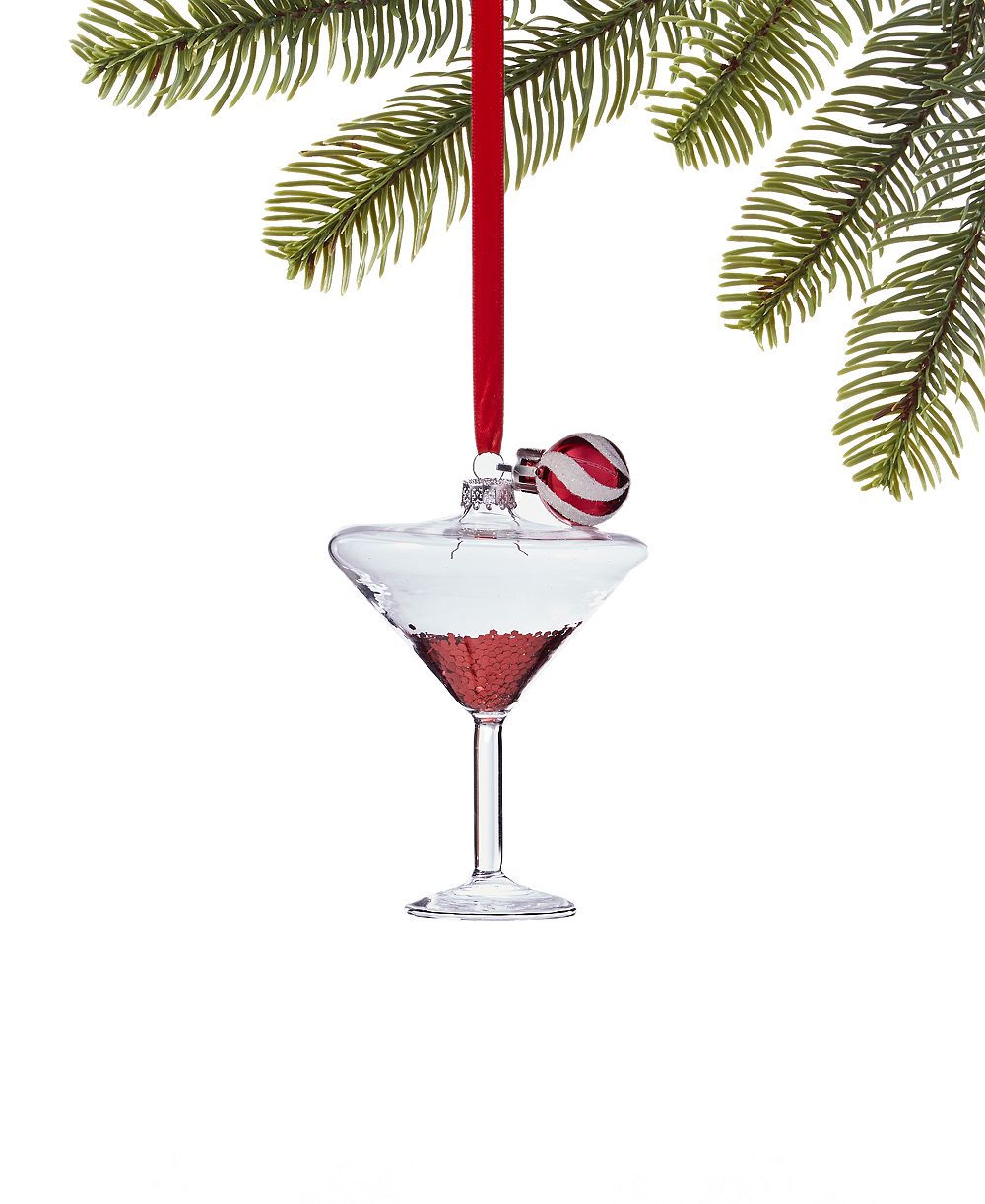 Holiday Lane Peppermint Twist Glass Martini Glass with Red Glitter Ornament