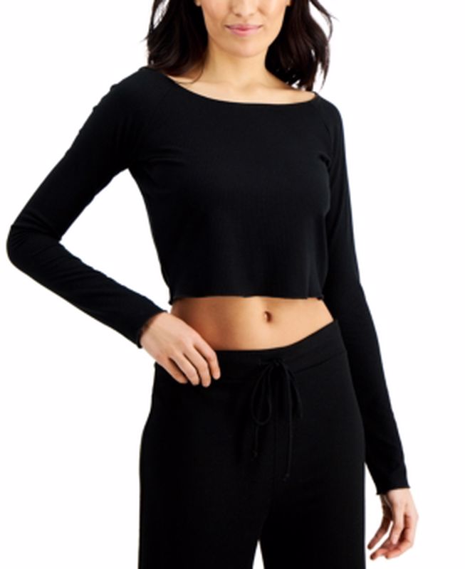 Jenni Rib-Knit Long Sleeve Sleep Crop Tops
