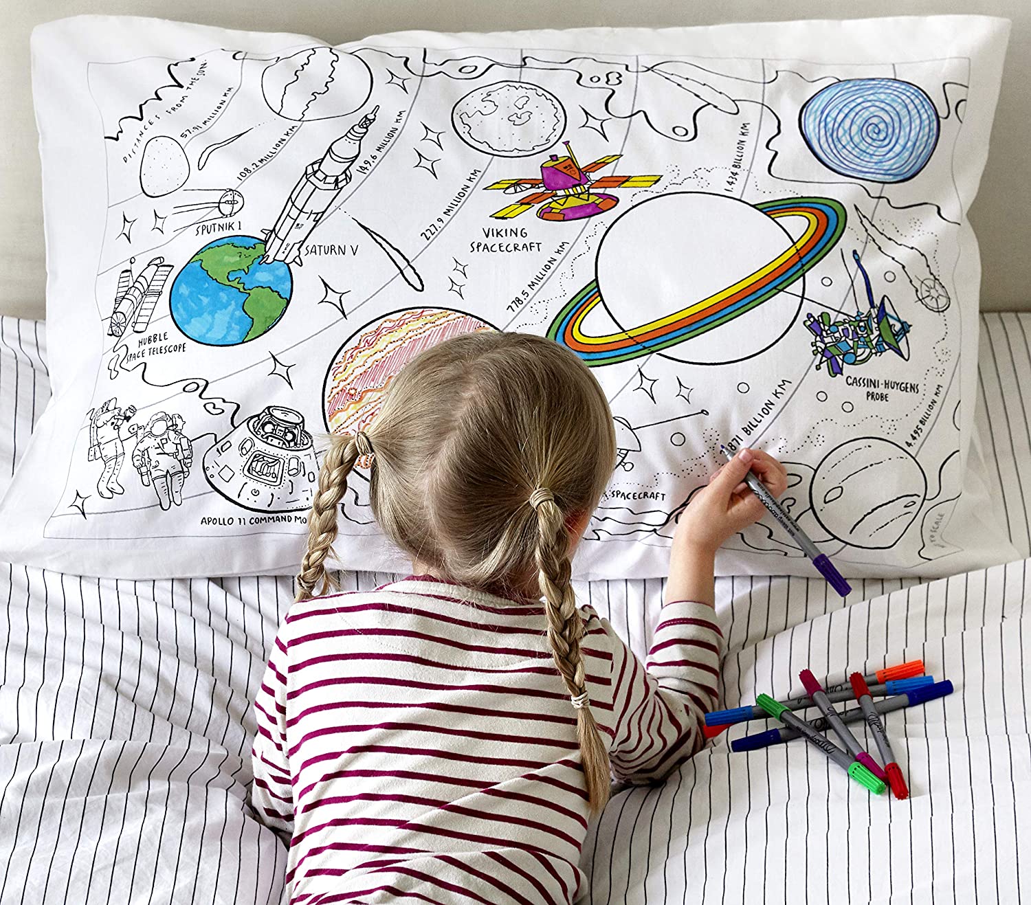 Eatsleepdoodle Educational Space and Planets Pure Cotton Soft Pillowcase, Whi...