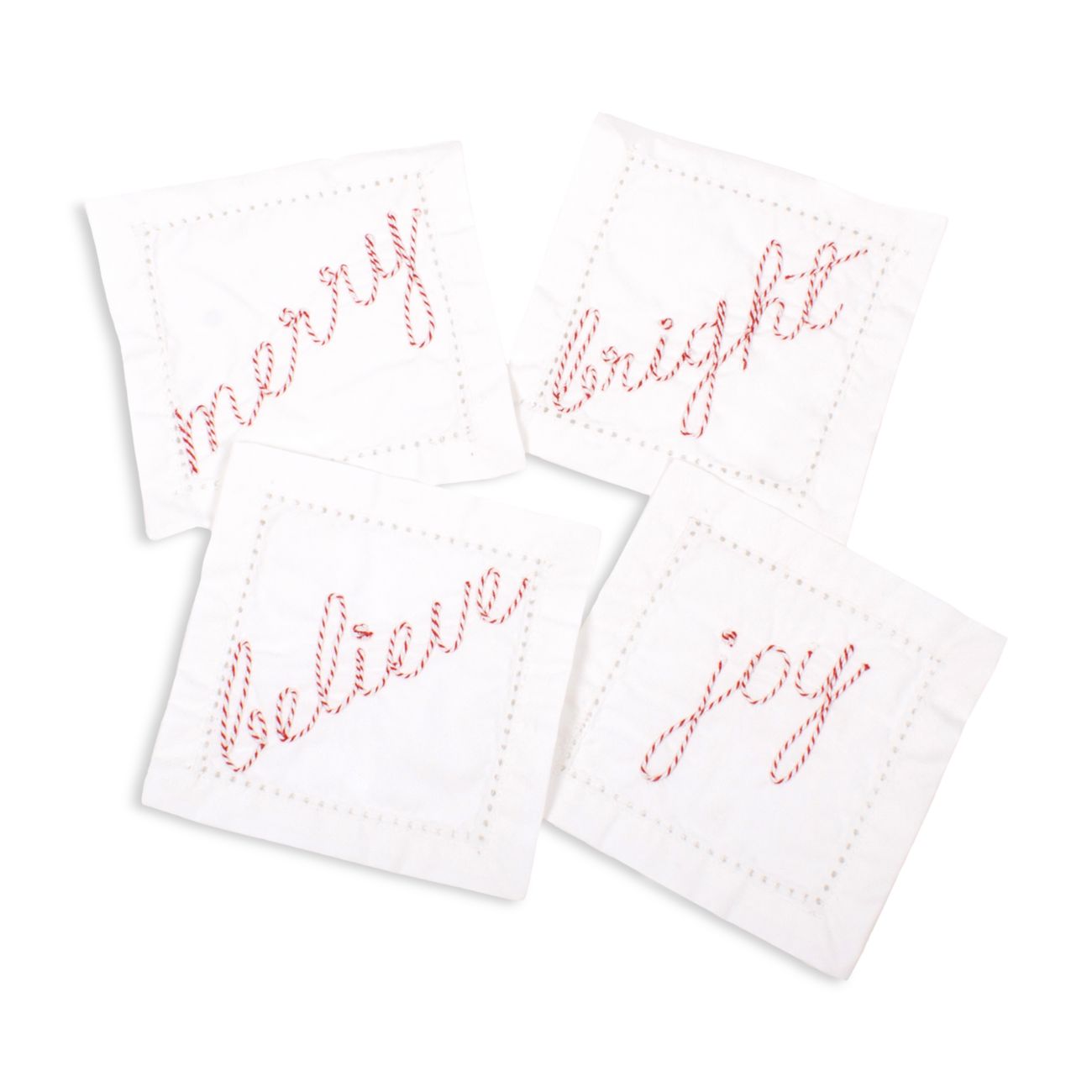 8 Oak Lane Cotton Embroidered Candy Cane Cocktail Napkins, Set of 4, White