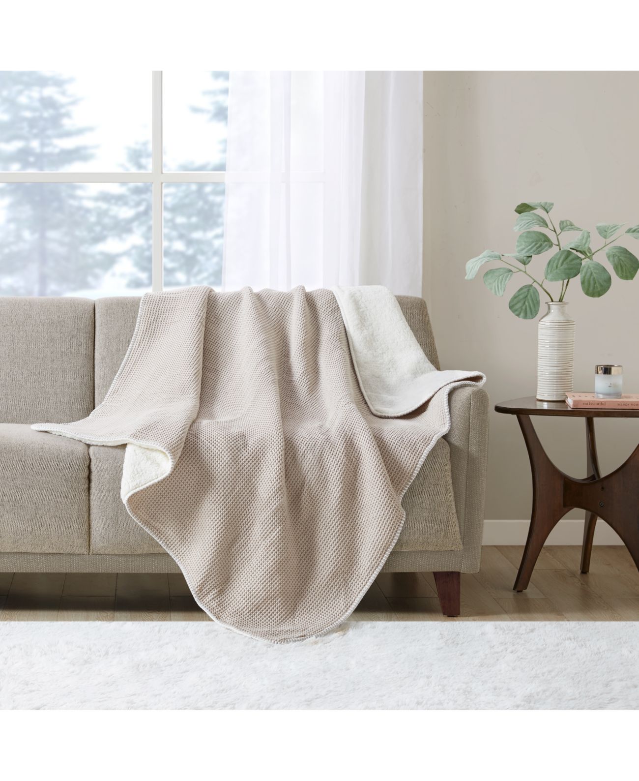 Jla Home Reversible Waffle Weave Throw, 50″ x 60″, Beige