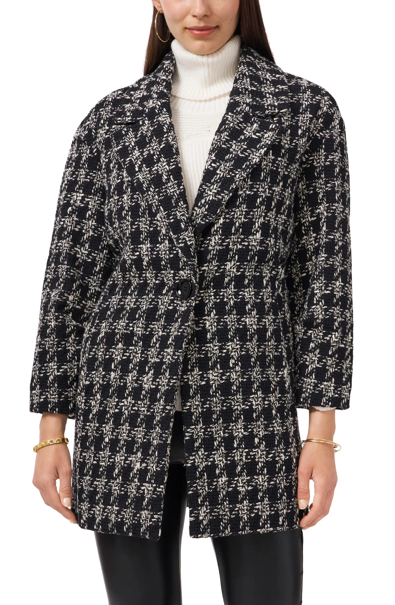 Vince Camuto Womens Houndstooth Cotton Tweed Jacket, Gray, L