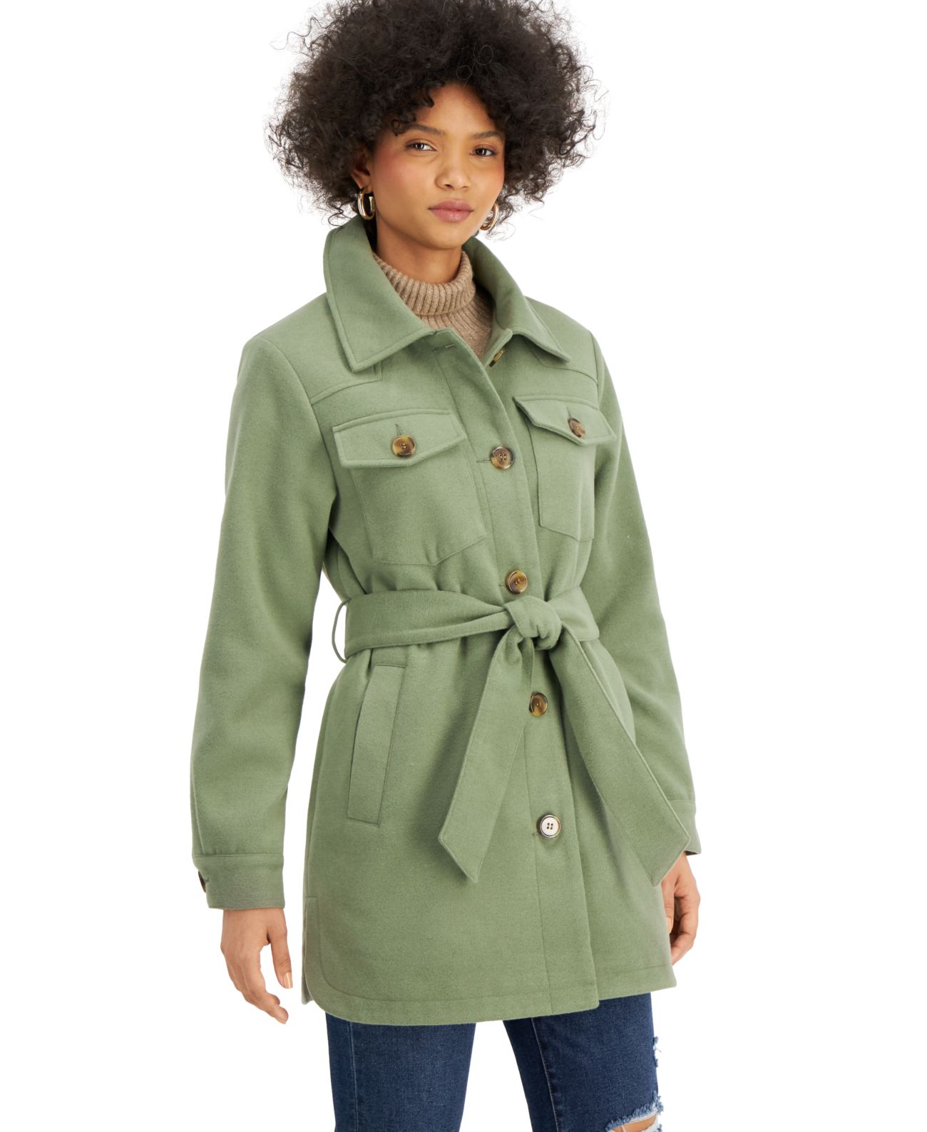 Steve Madden Juniors Belted Shirt Jacket Moss Small, Green