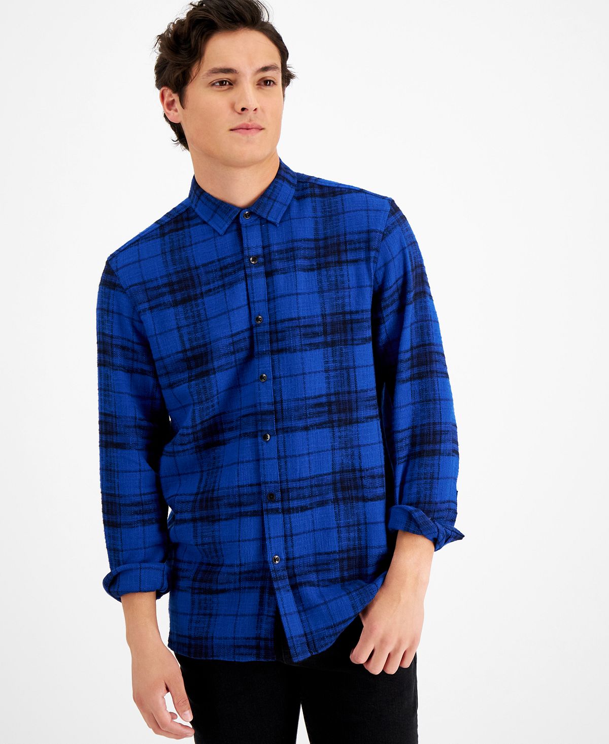 Inc International Concepts Mens Thomas Plaid Shirt Blue Combo Large