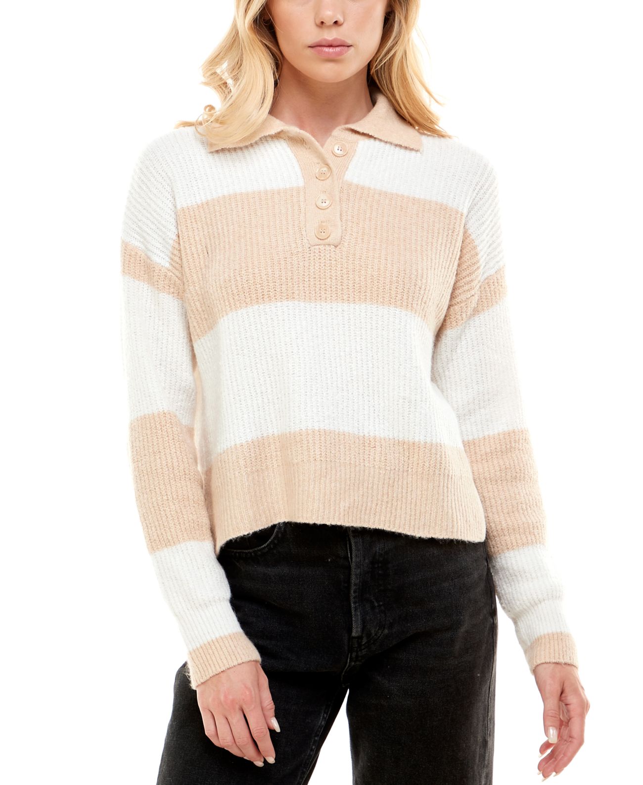 Ultra Flirt Juniors’ Striped Rugby Sweater, Beige, X-Small