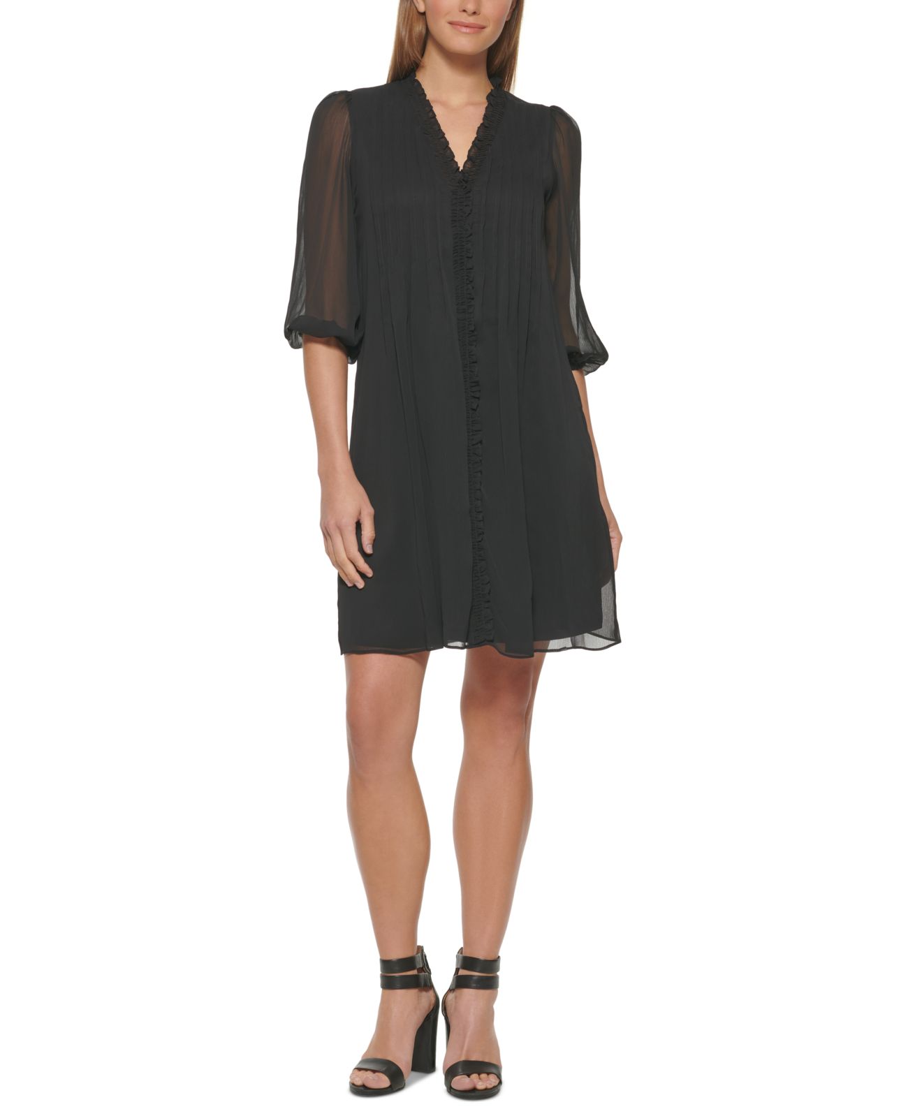 Dkny Womens Button Sleeve Trapeze Dress, Black/16