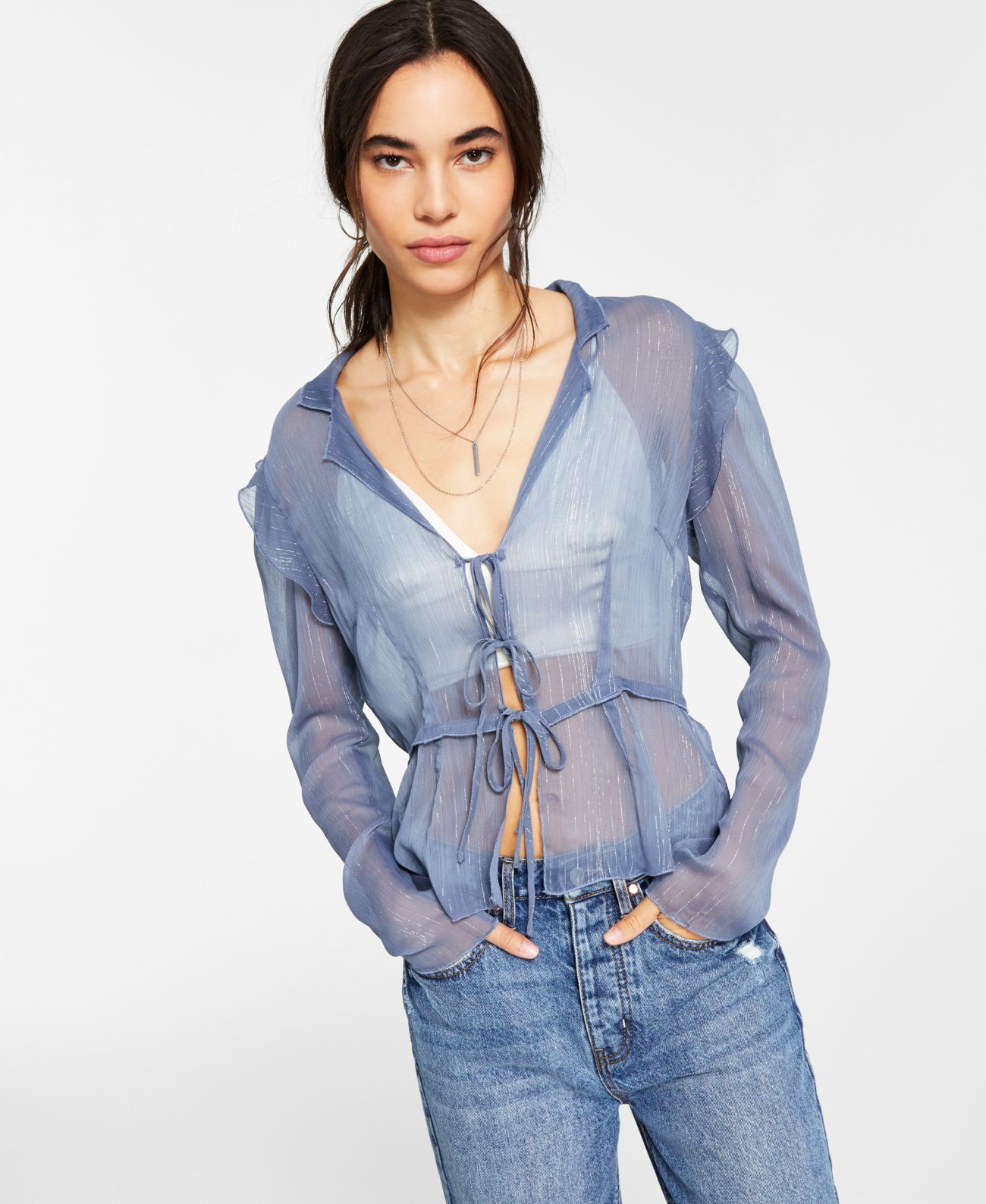 Leyden Womens Sheer Tie-Front Top, Light Purple/L