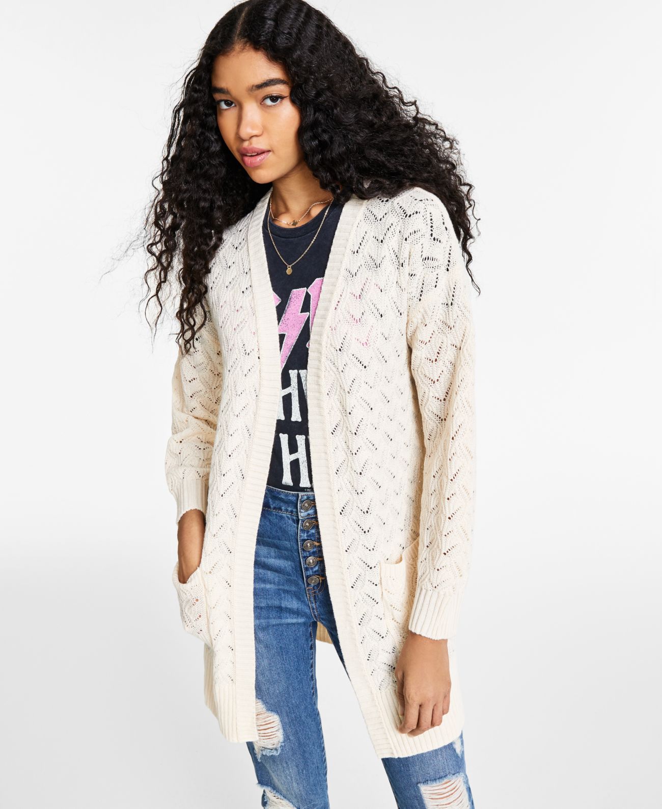 Hippie Rose Juniors’ Bubble Sleeve Cardigan, White/XS