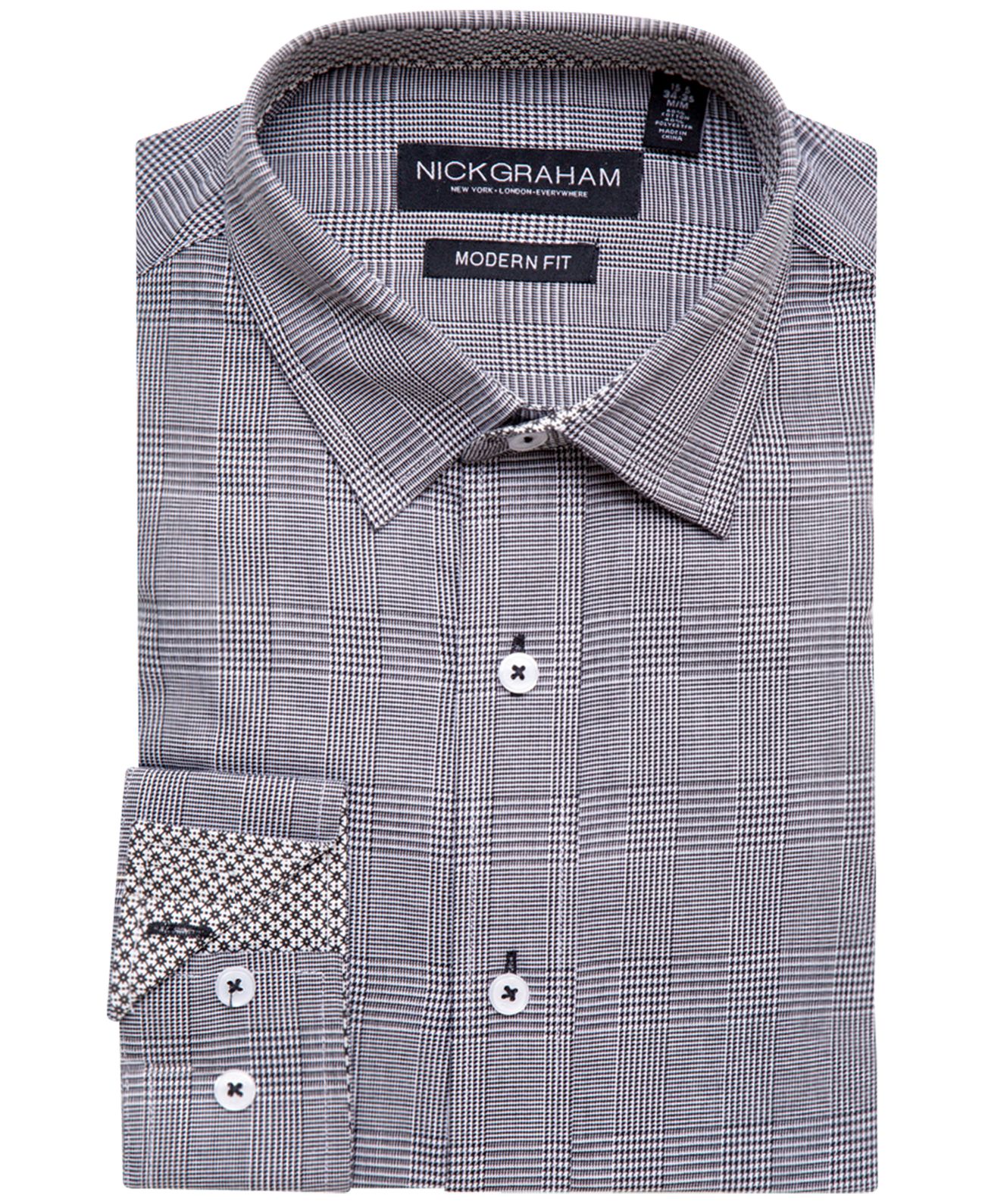 Nick Graham Men s Black Modern Fit Plaid Dress Shirt  Black, Medium, 15.5, 34/35