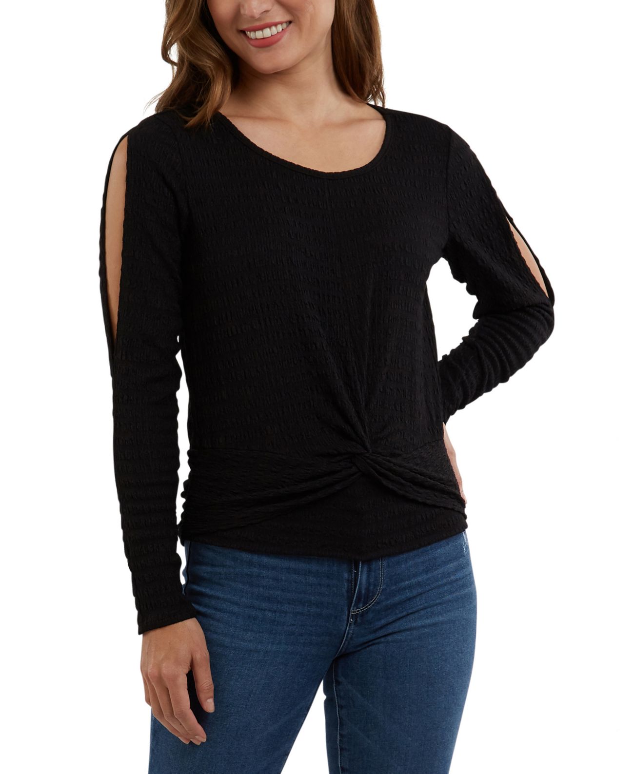 Bcx Juniors’ Twist-Front Split-Sleeve Top, Black/M