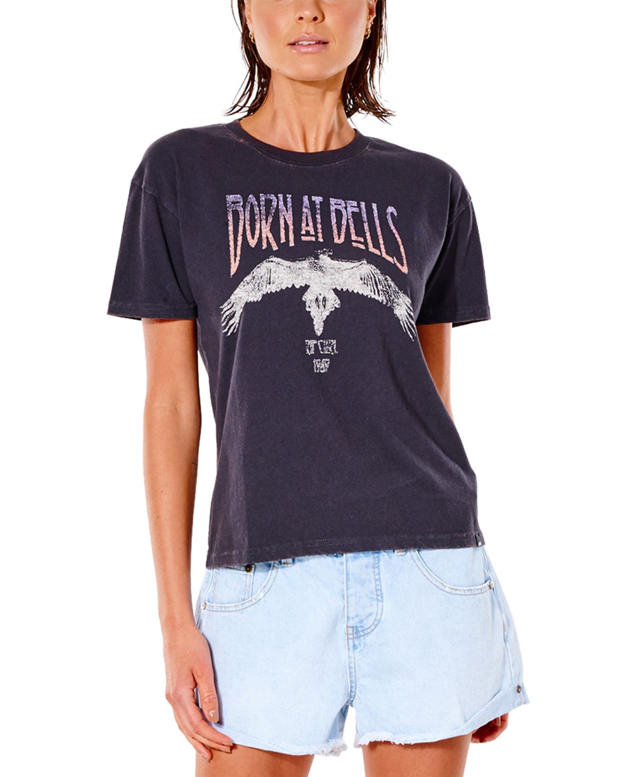 Rip Curl Juniors’ Bells Cotton Graphic-Print T-Shirt, Washed Black/L