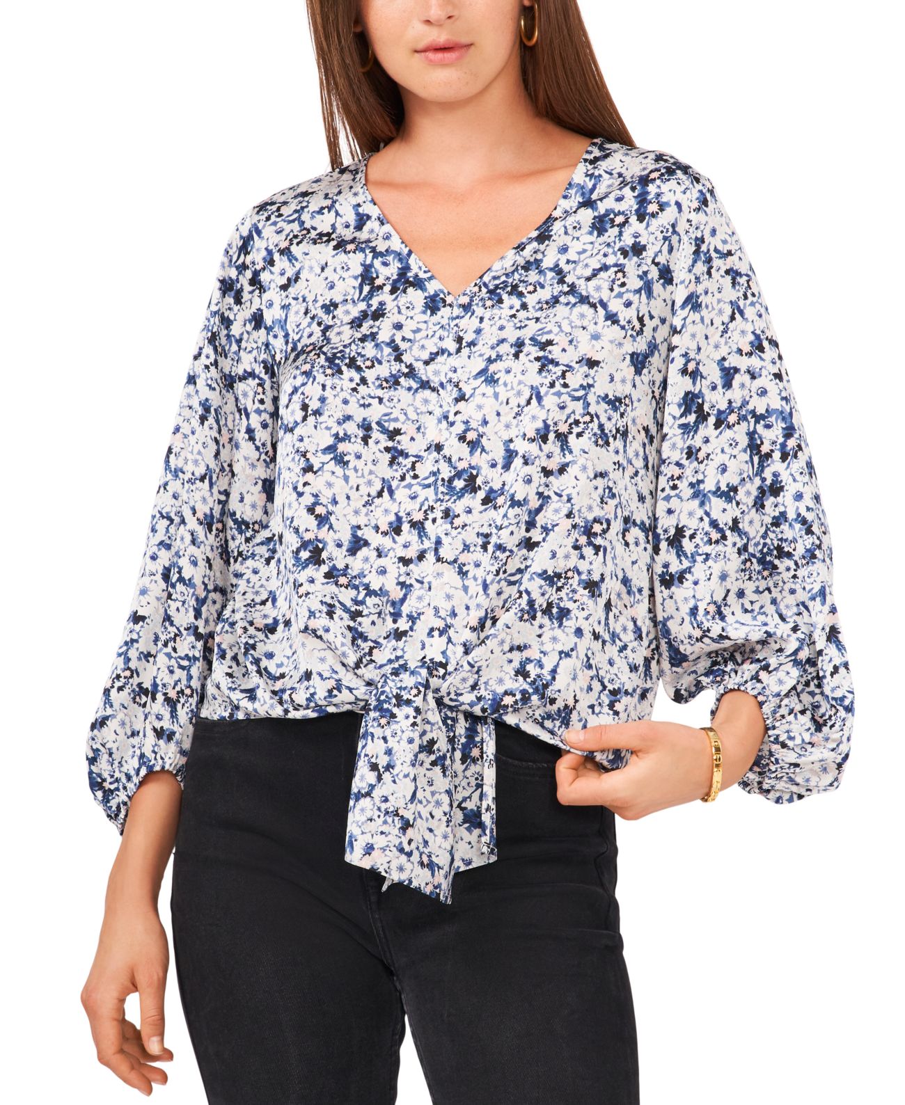 Vince Camuto Womens Rivieria Printed Tie-Front Top, Blue, S