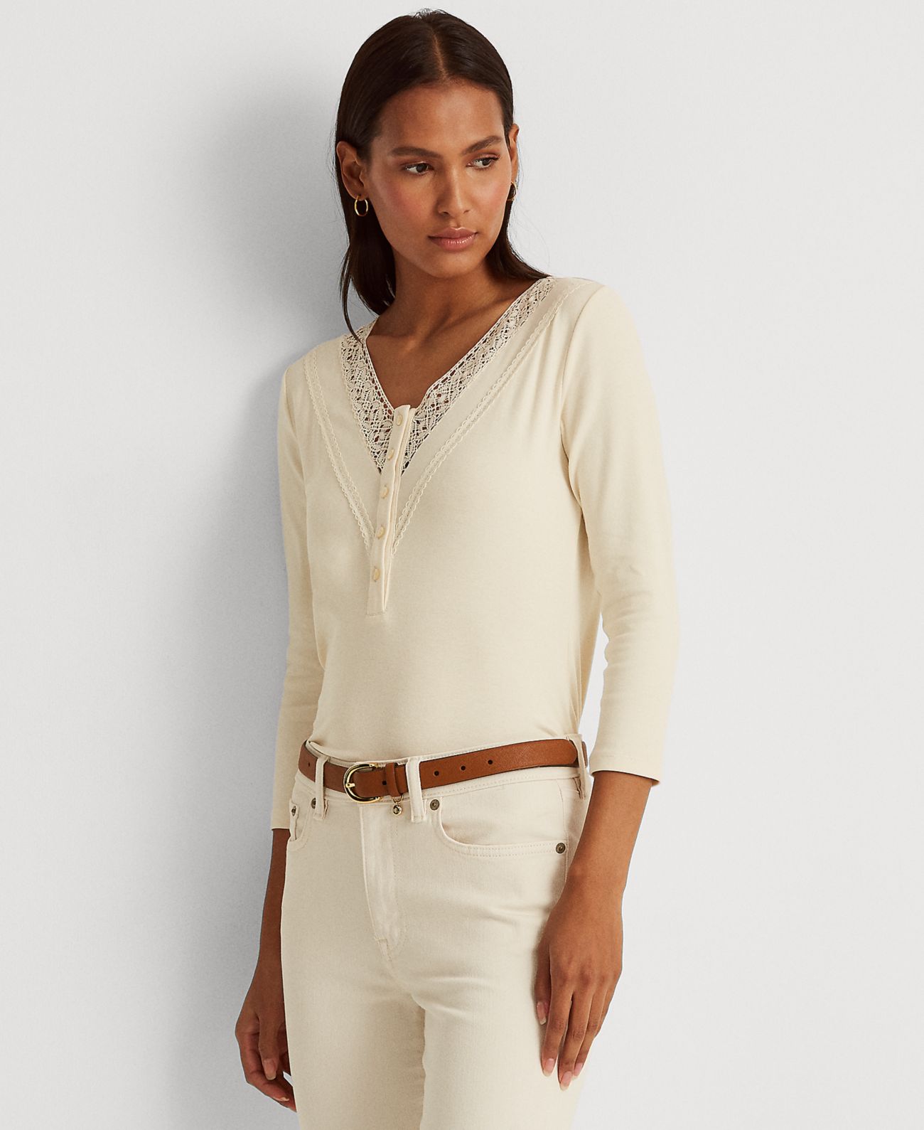 LAUREN RALPH LAUREN Womens Lace-Trim Henley Top,White,Medium