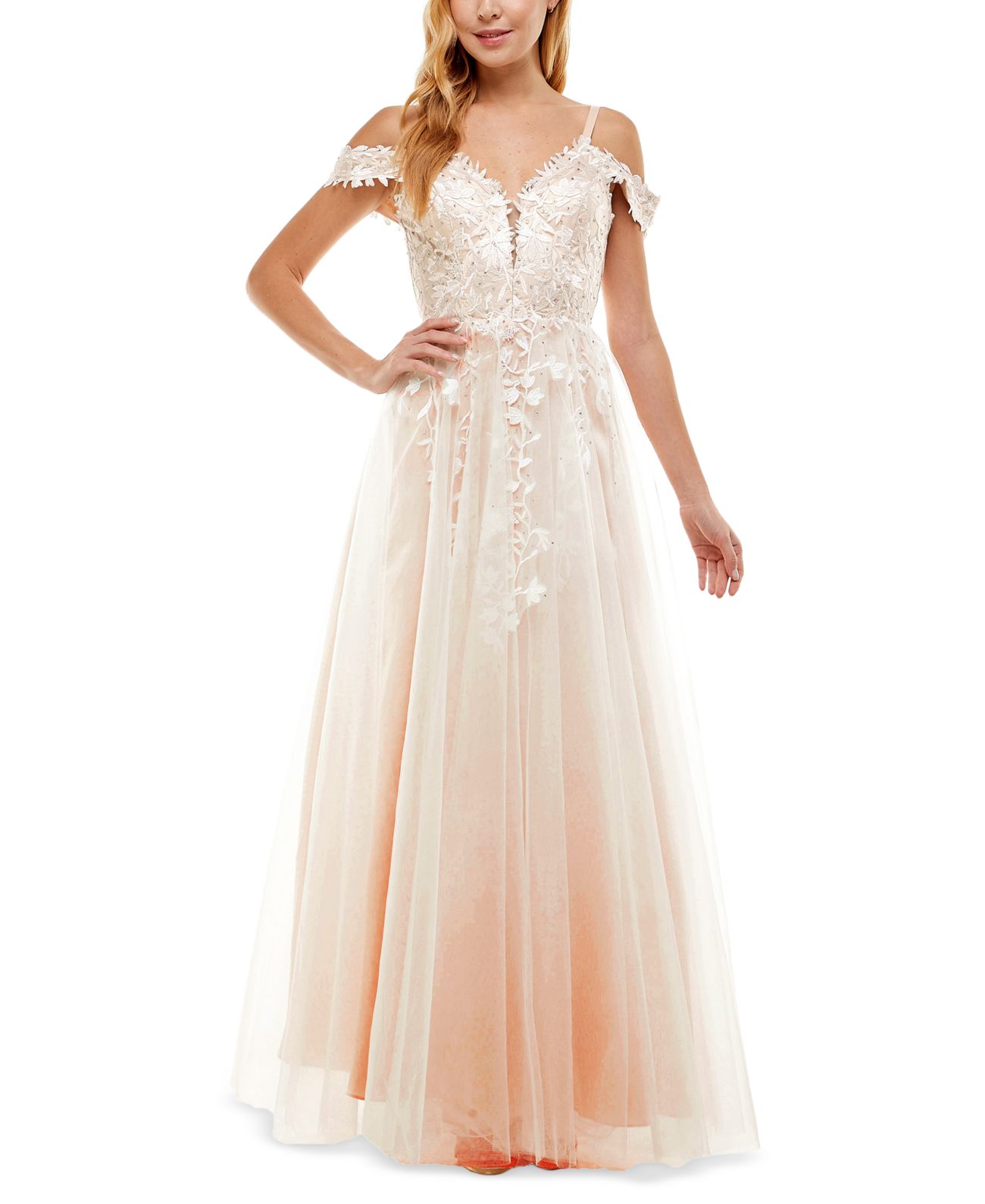 Say Yes To The Prom Women’s Off-The-Shoulder Ball Gown Dress, Ivory, 1