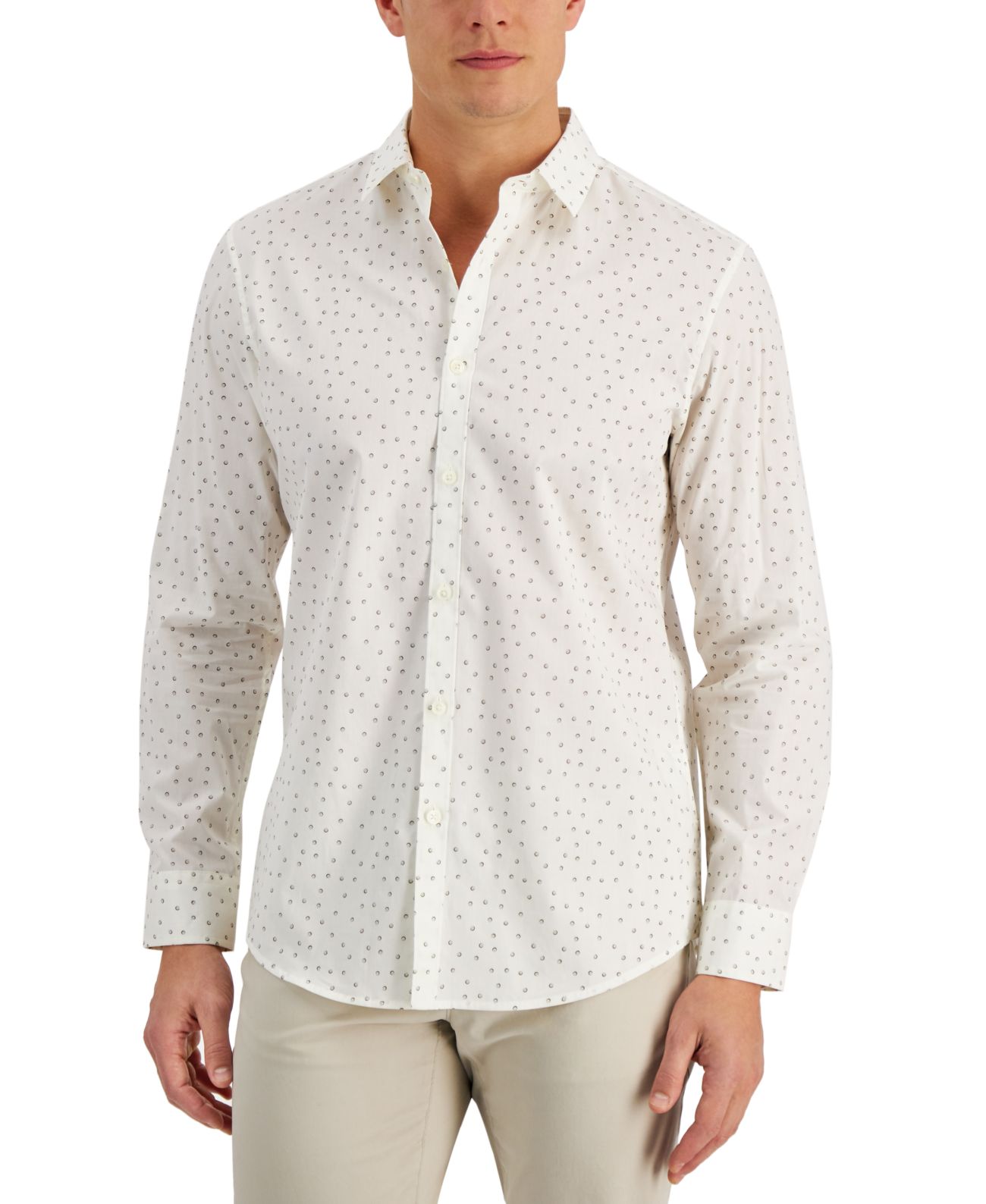 Alfani Men’s Regular-Fit Stretch Geo-Print Poplin Shirt, Egret, Large