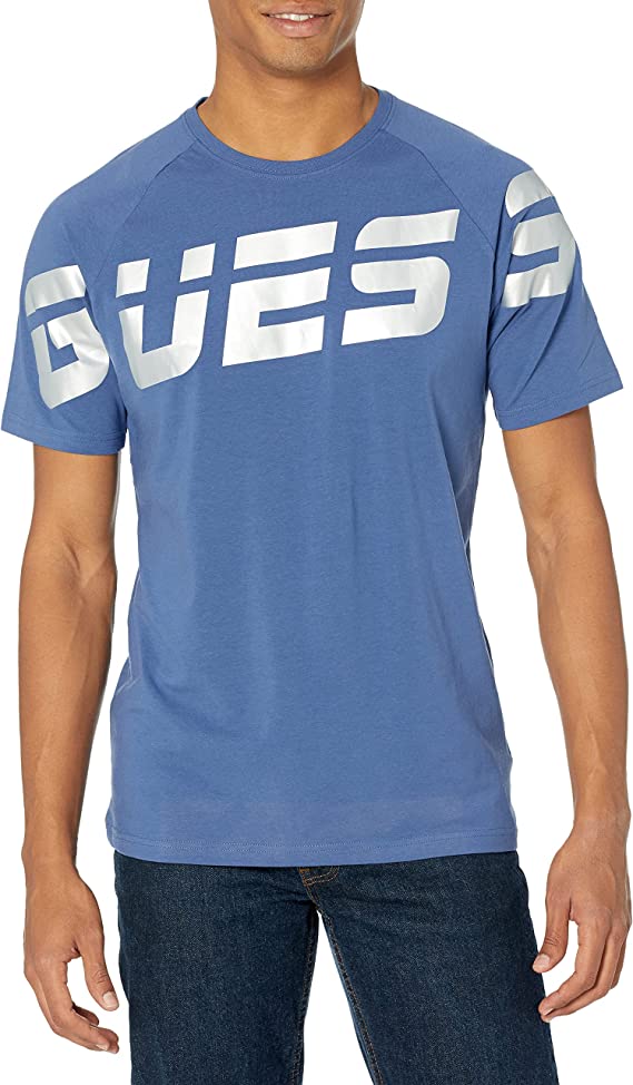 Guess Men’s Active Short Sleeve Eco Arden Logo Tee, Rebel Blue, Medium