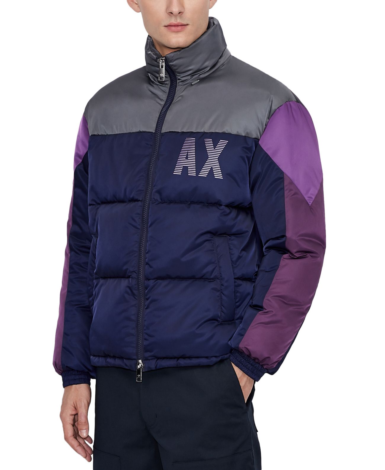 Ax Armani Exchange Mens Bold Colorblock Logo Jacket, Purple Ax Armani Exchange Mens Bold Colorblock Logo Jacket, Purple