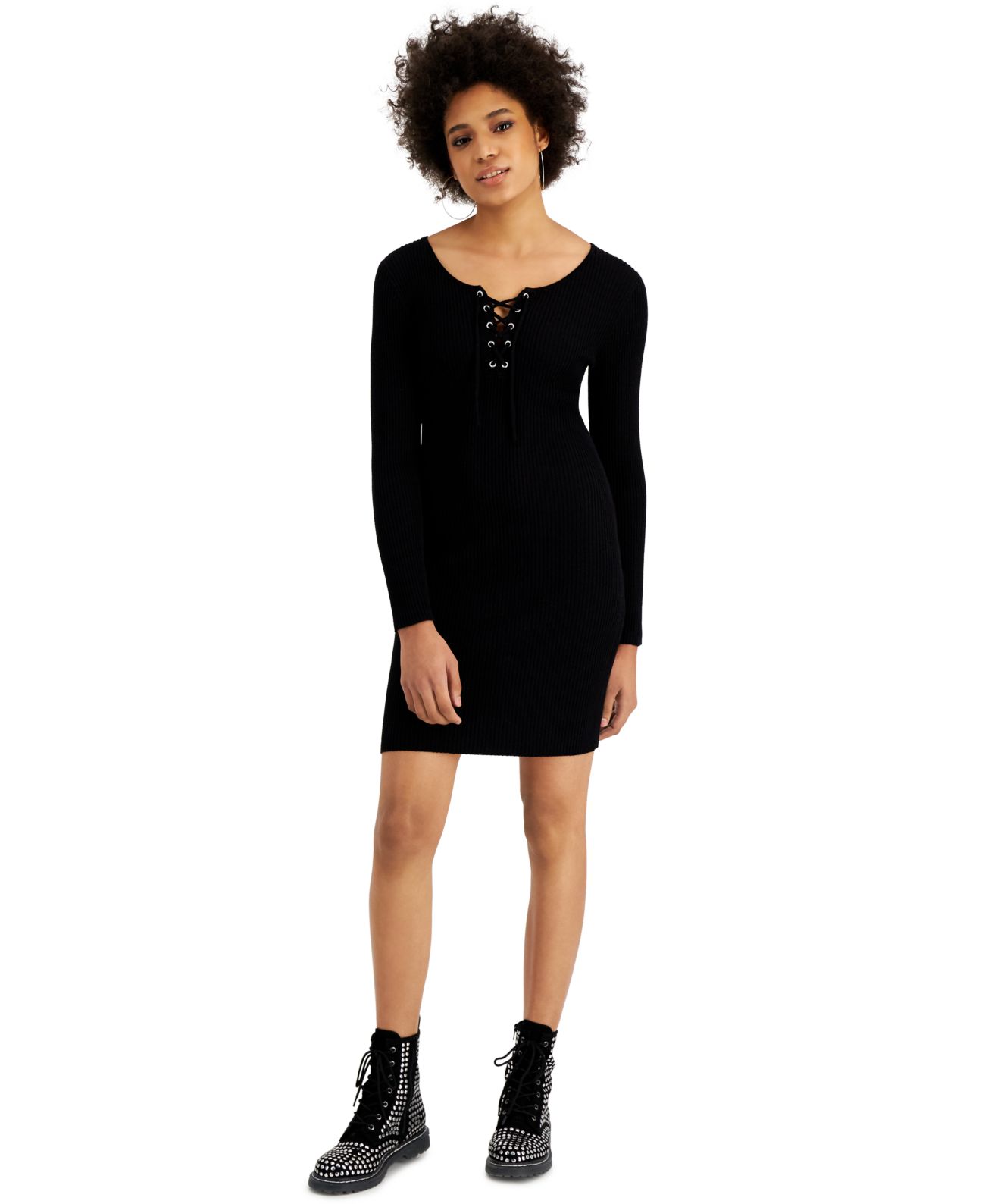 Hippie Rose Juniors’ Lace Up Sweater Dress, Black, Small