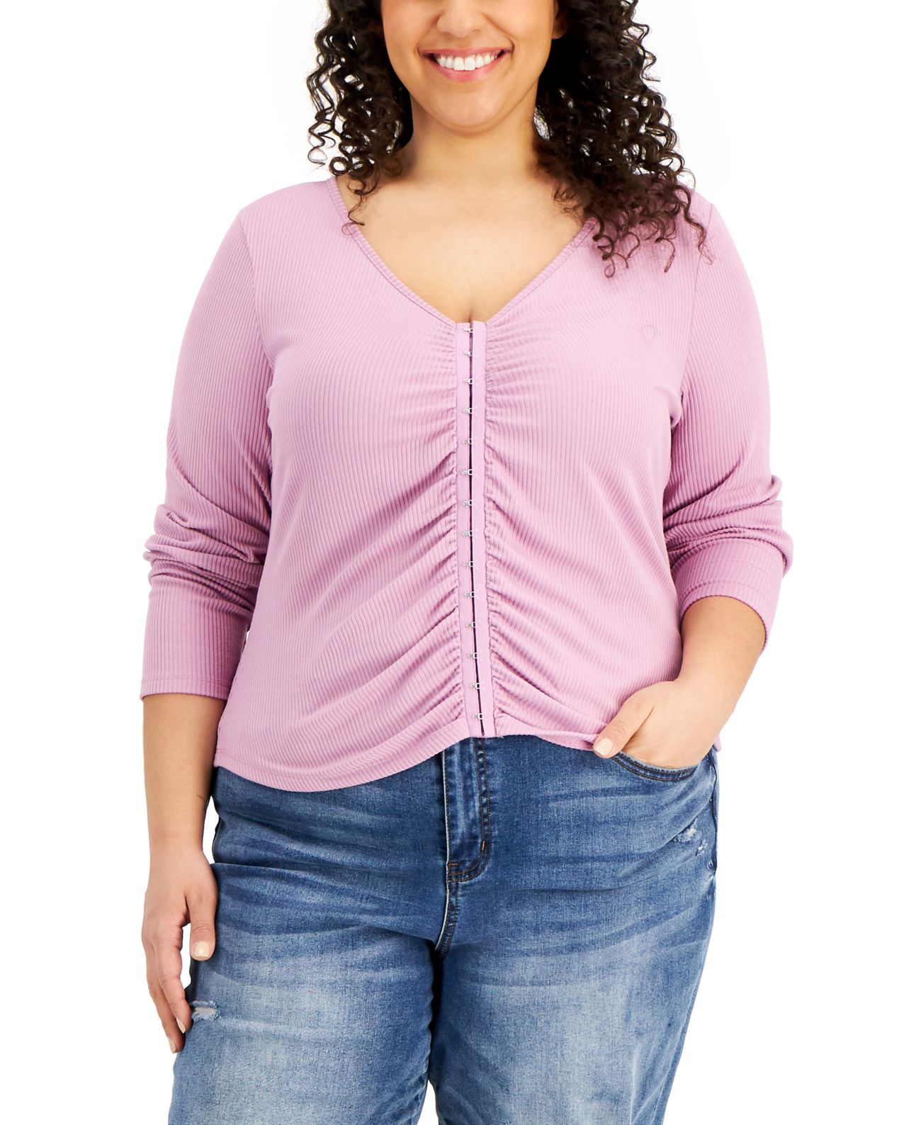 Hippie Rose Trendy Plus Size Ruched Hook-and-Eye-Front Top, Purple, 1X