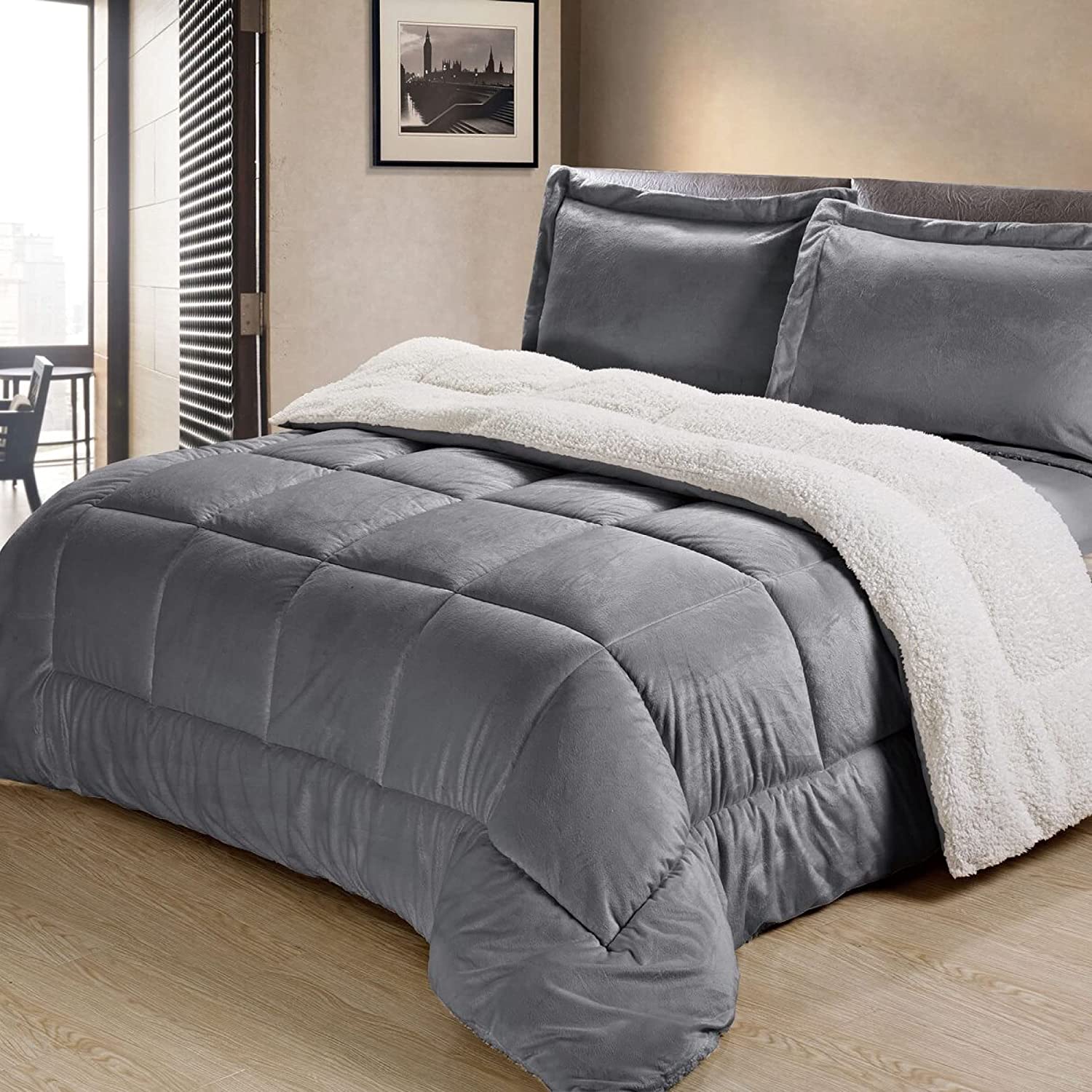 Cathay Home Ultra-Plush Sherpa Comforter & Shams, Pewter, King (102″ x 90″)