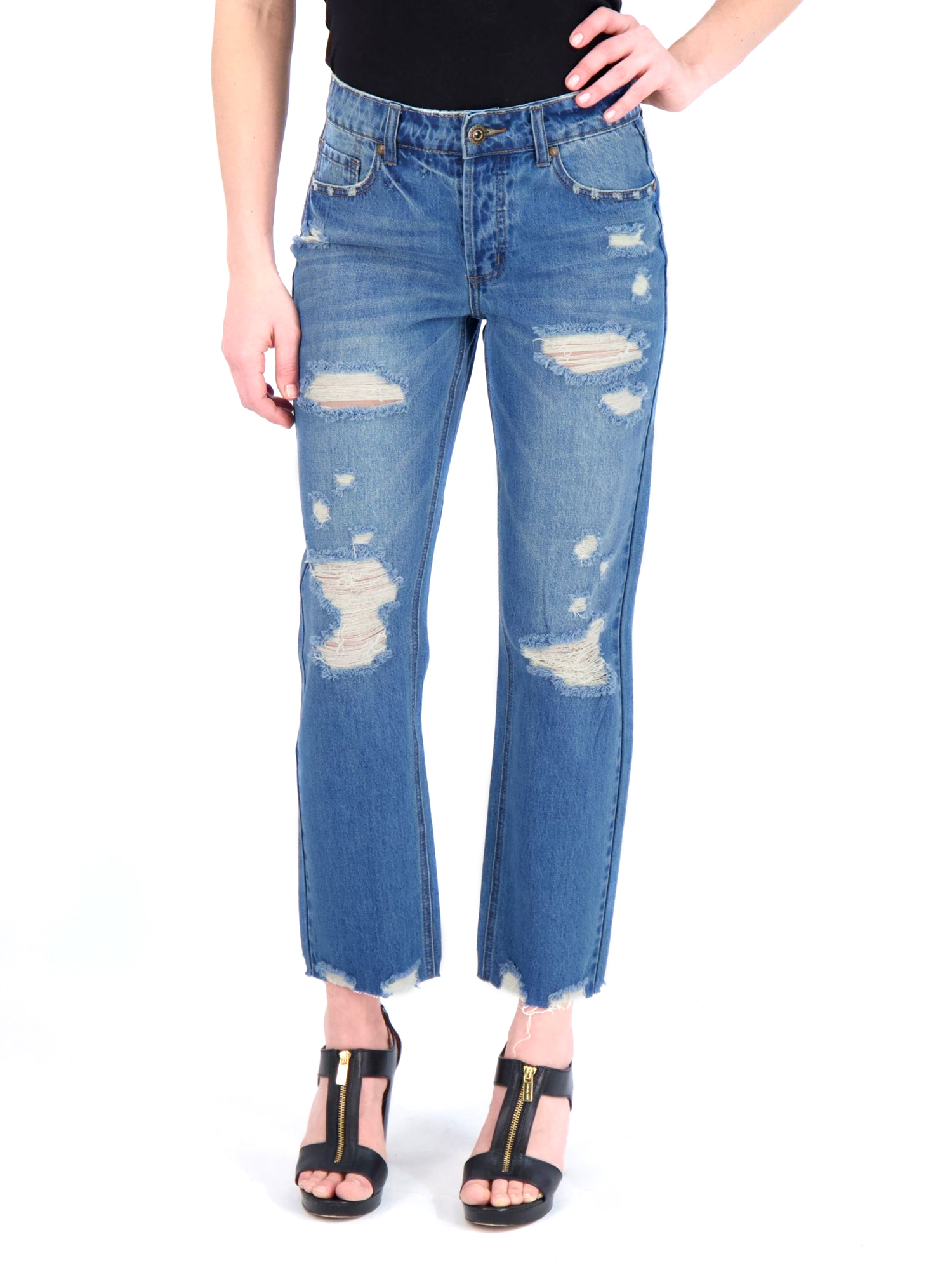 Gogo Jeans Juniors’ High Rise Ripped EX-Boyfriend Jeans, Blue, 13