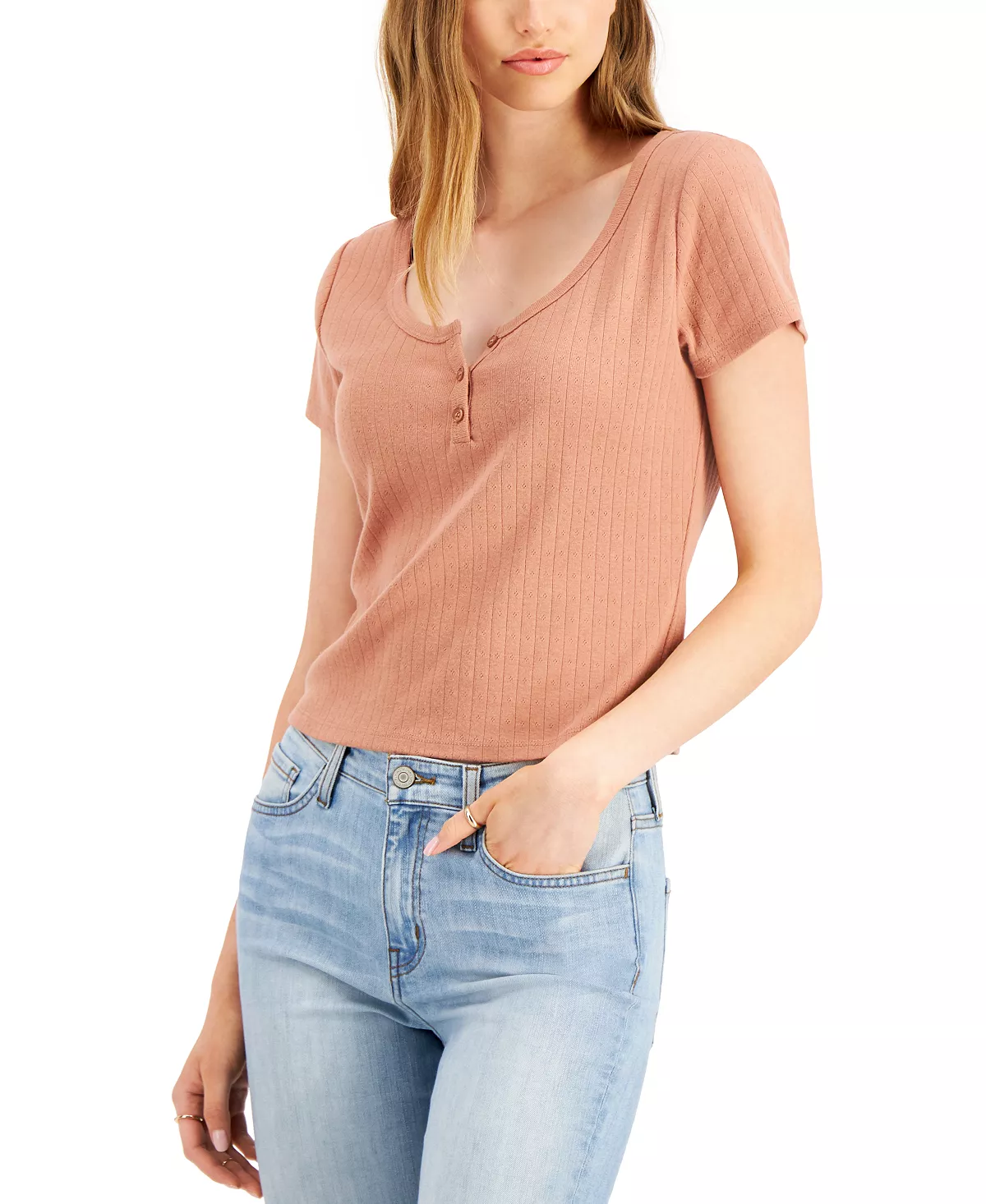 Hippie Rose Juniors’ Pointelle Henley T-Shirt, Nutmeg, Small